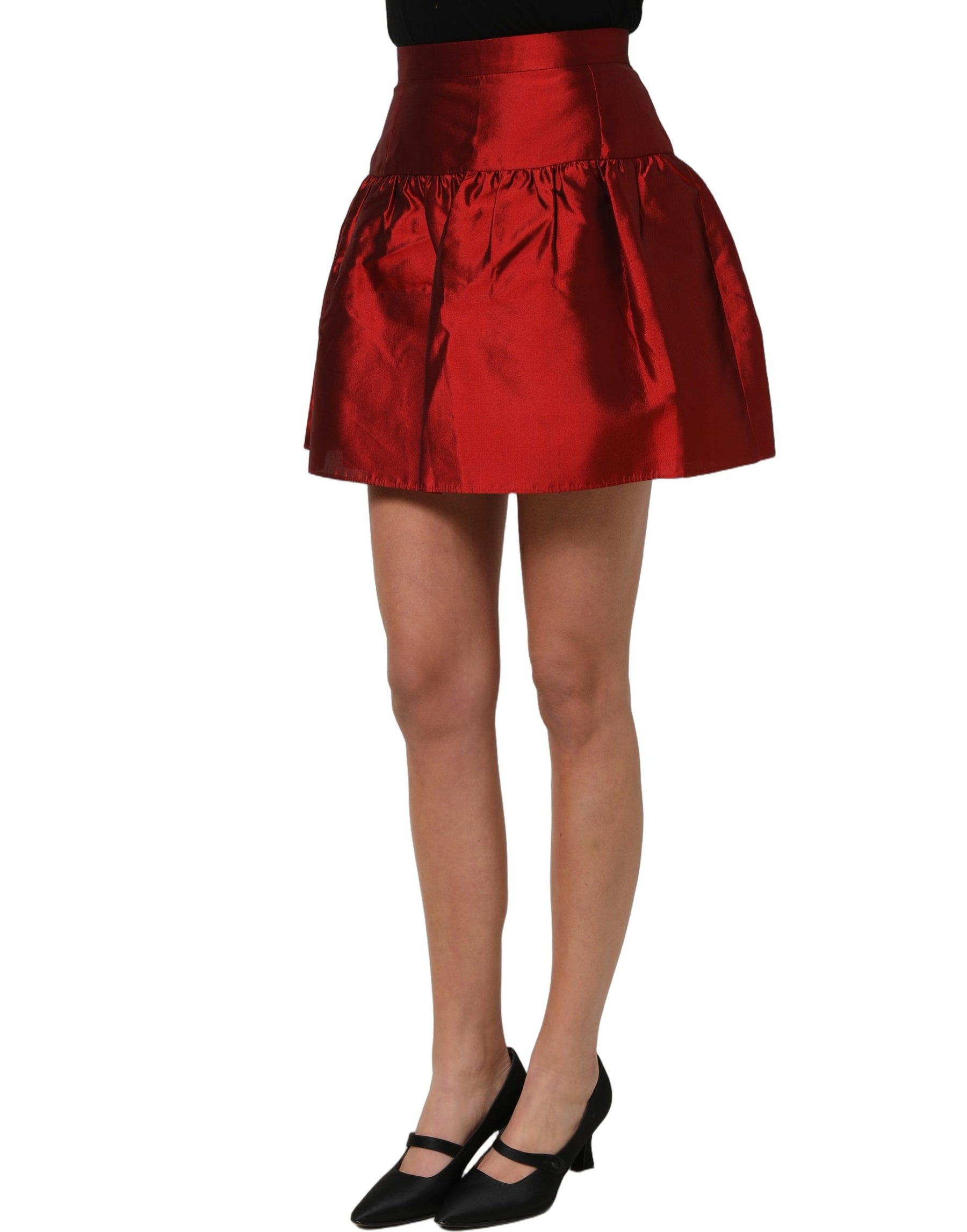 Dolce & Gabbana Red Silk Satin Bubble High Waist Mini Skirt | Regal Royce