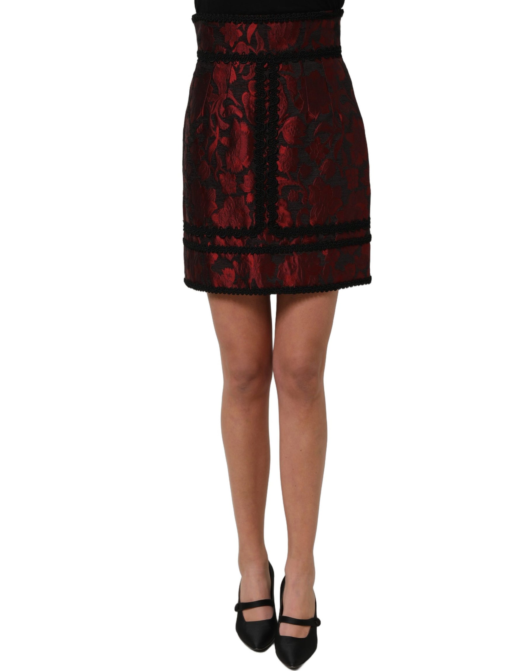 Dolce & Gabbana Red Black Floral Lace Jacquard Mini Skirt | Regal Royce