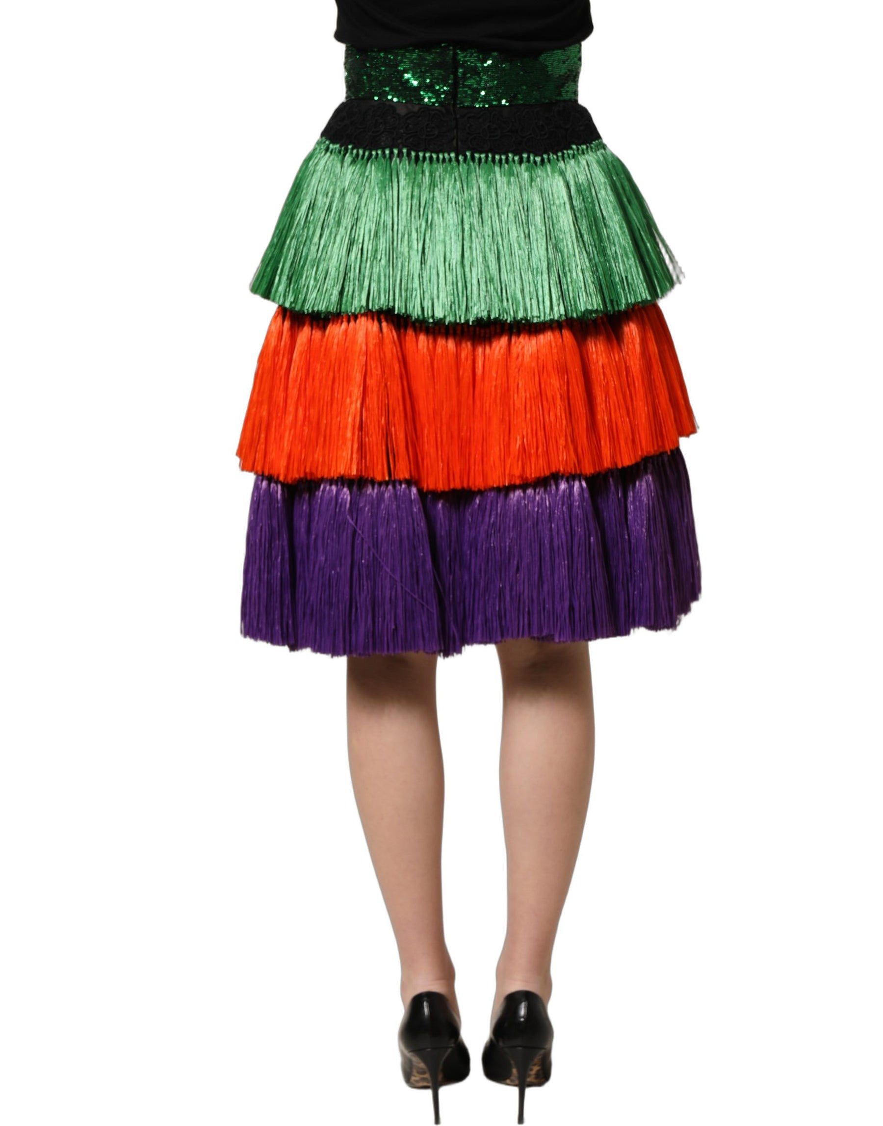 Dolce & Gabbana Multicolor Fringed High Waist Knee Length Skirt | Regal Royce