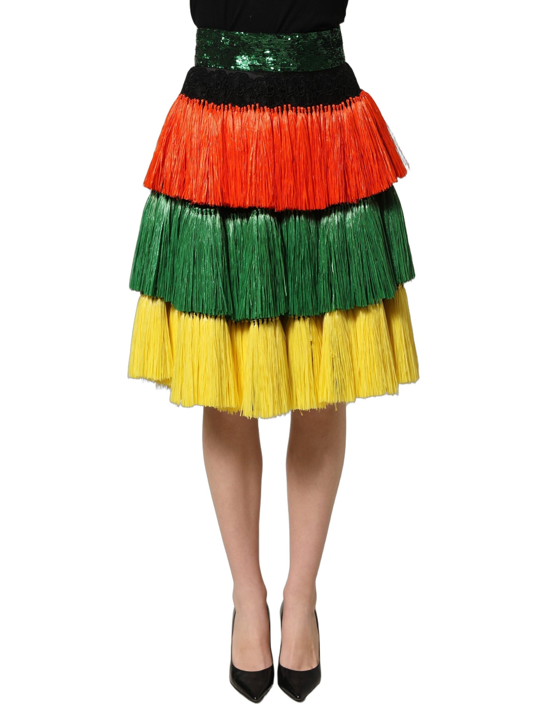 Dolce & Gabbana Multicolor Fringe Sequin High Waist Knee Length Skirt | Regal Royce