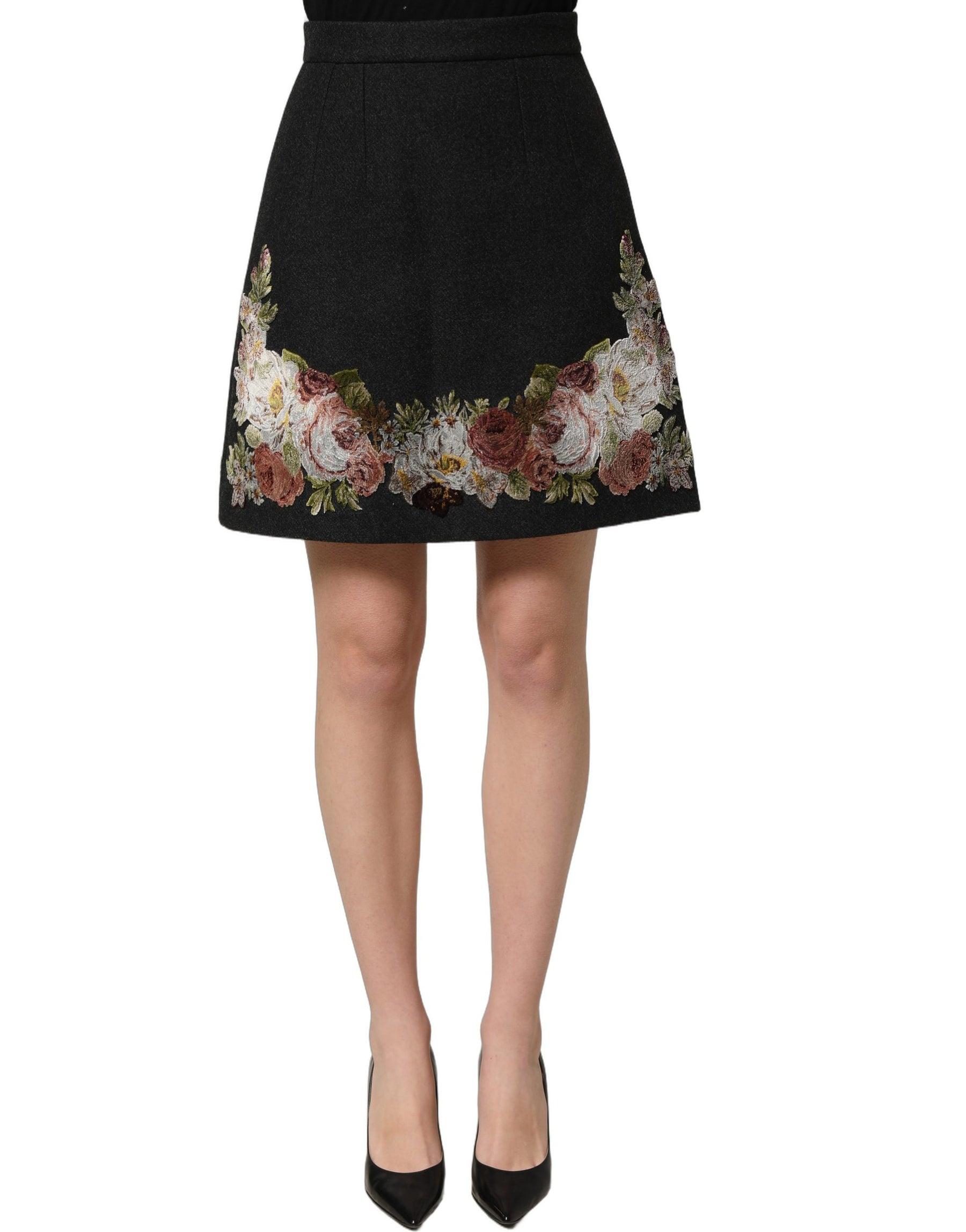 Dolce & Gabbana Black Floral Macramé High Waist A-line Skirt | Regal Royce