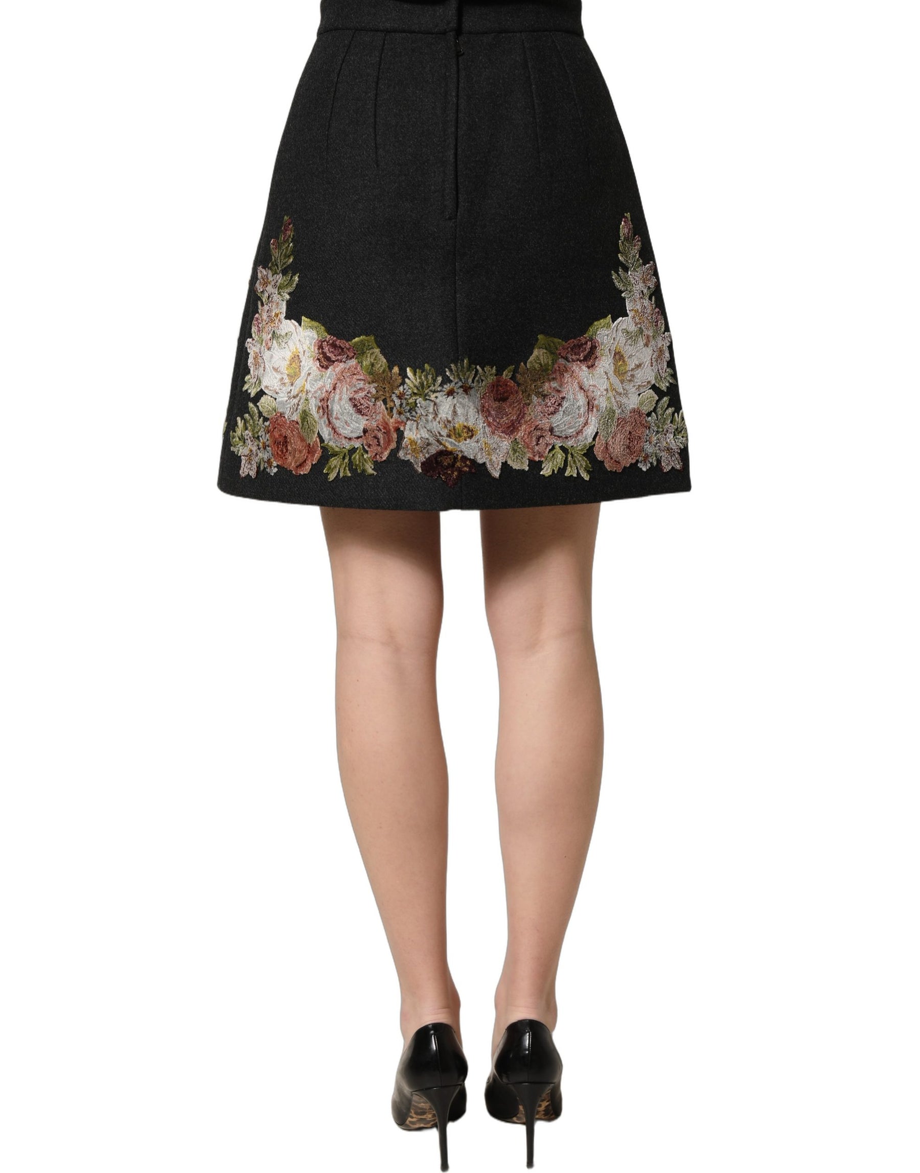 Dolce & Gabbana Black Floral Macramé High Waist A-line Skirt | Regal Royce