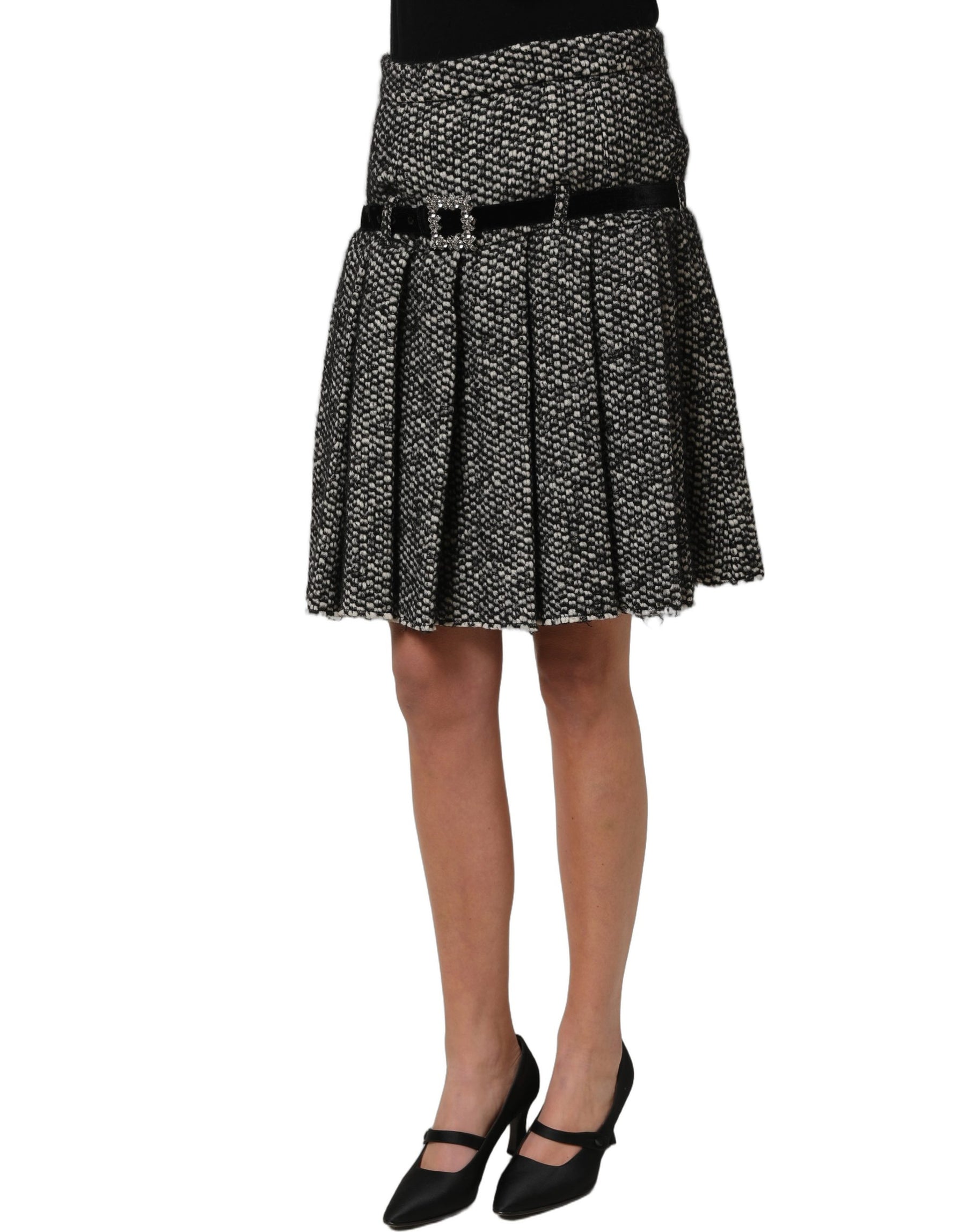 Dolce & Gabbana Black White Tweed High Waist Pleated Skirt | Regal Royce