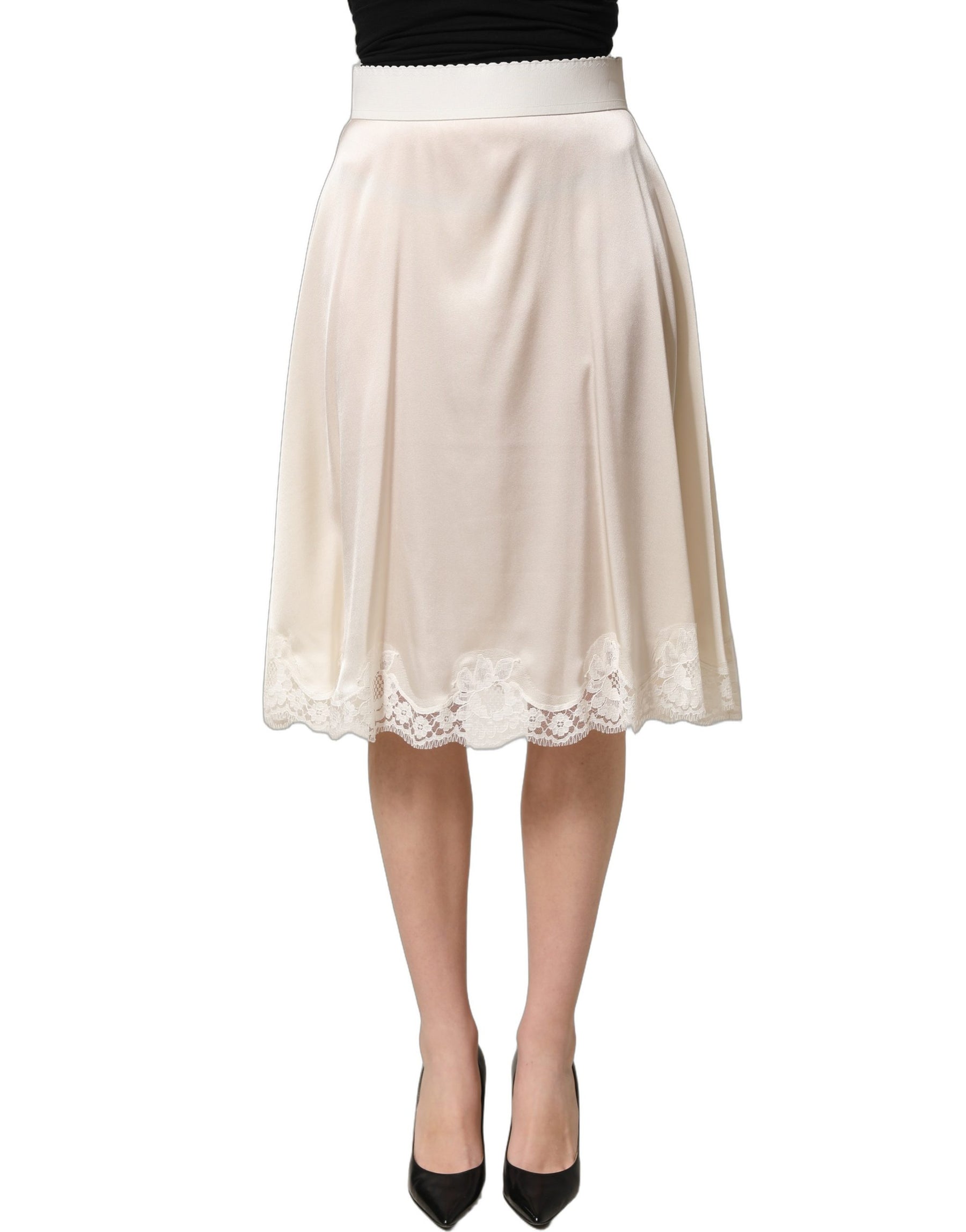 Dolce & Gabbana Off White Lace Trimmed Satin High Waist Skirt | Regal Royce