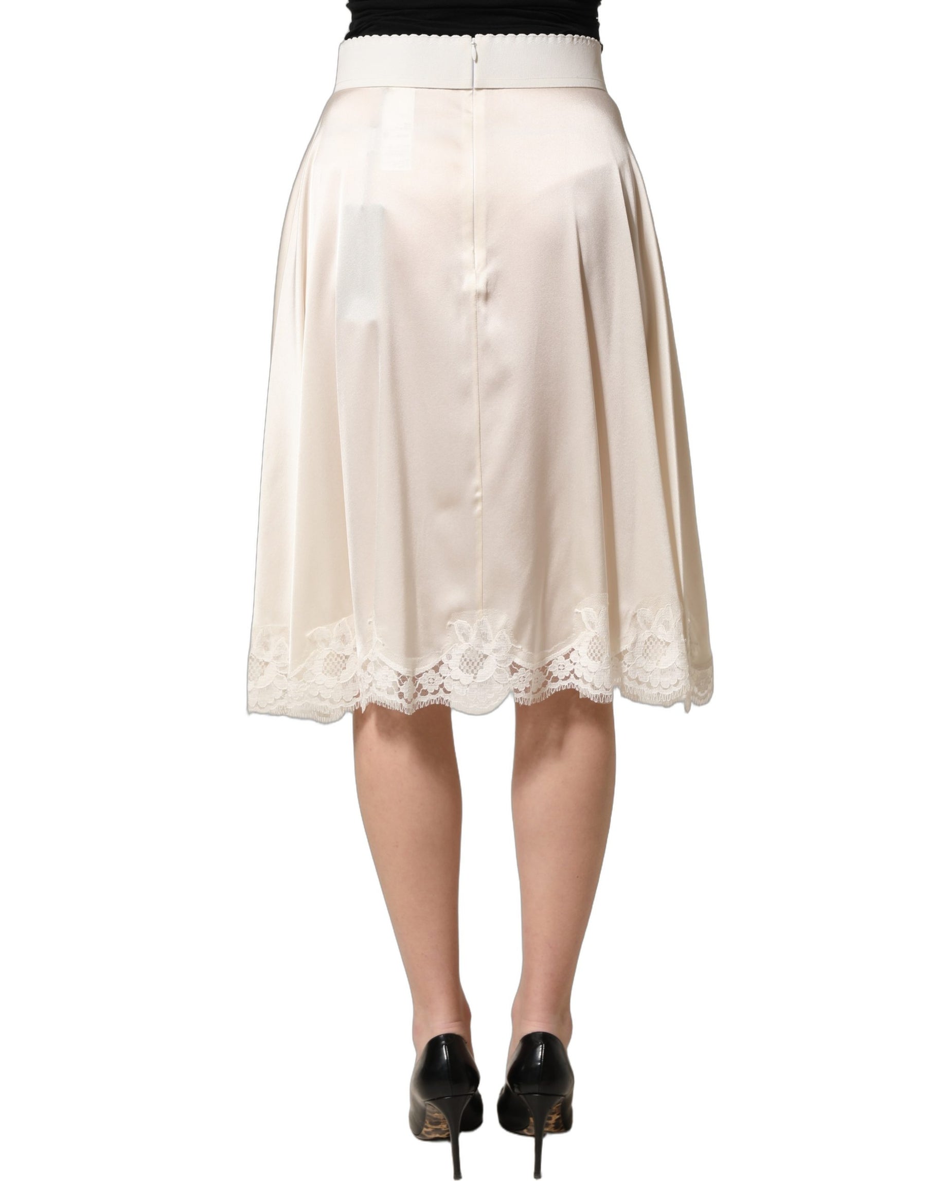 Dolce & Gabbana Off White Lace Trimmed Satin High Waist Skirt | Regal Royce