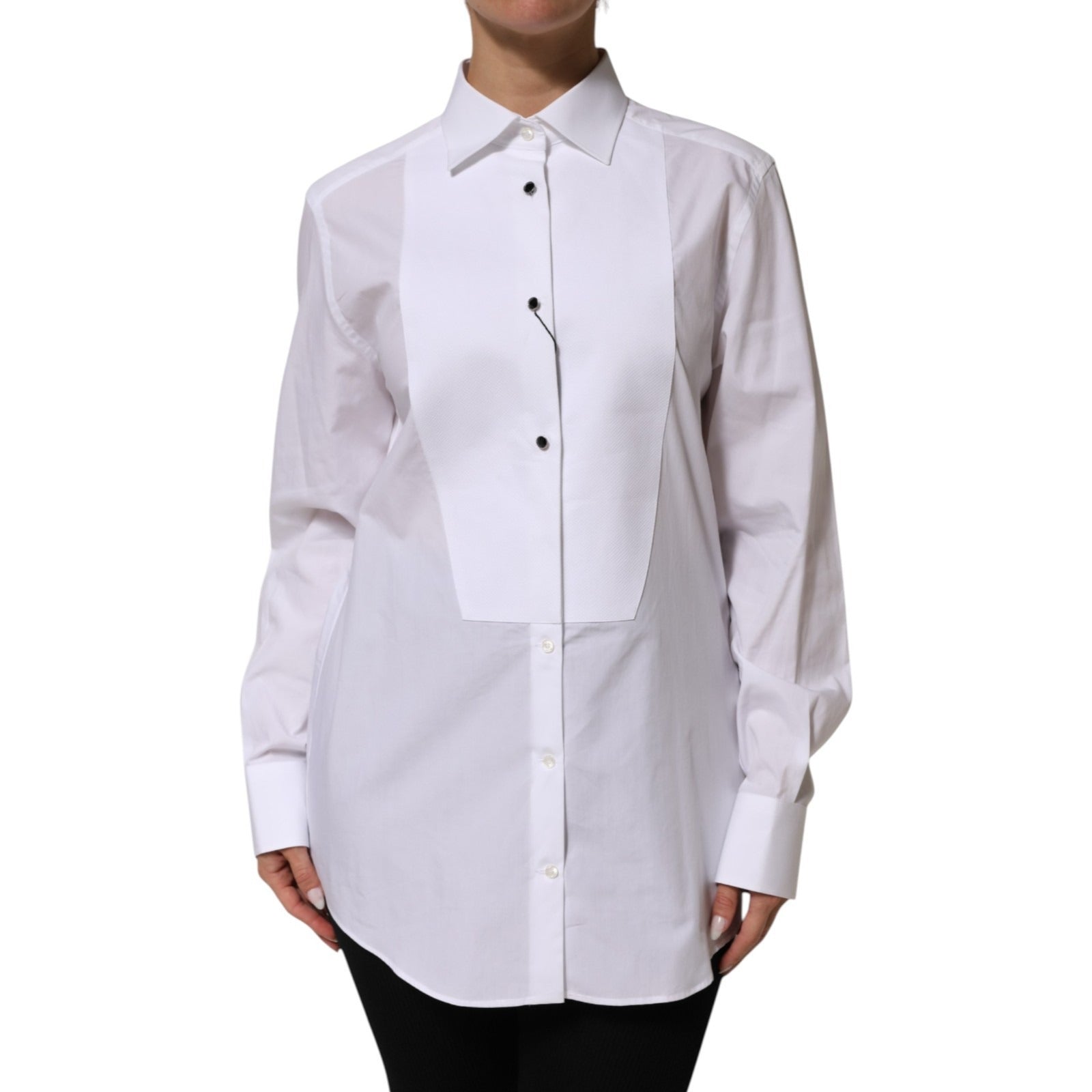 Dolce & Gabbana White Cotton Tuxedo Bib Long Sleeve Dress Shirt | Regal Royce