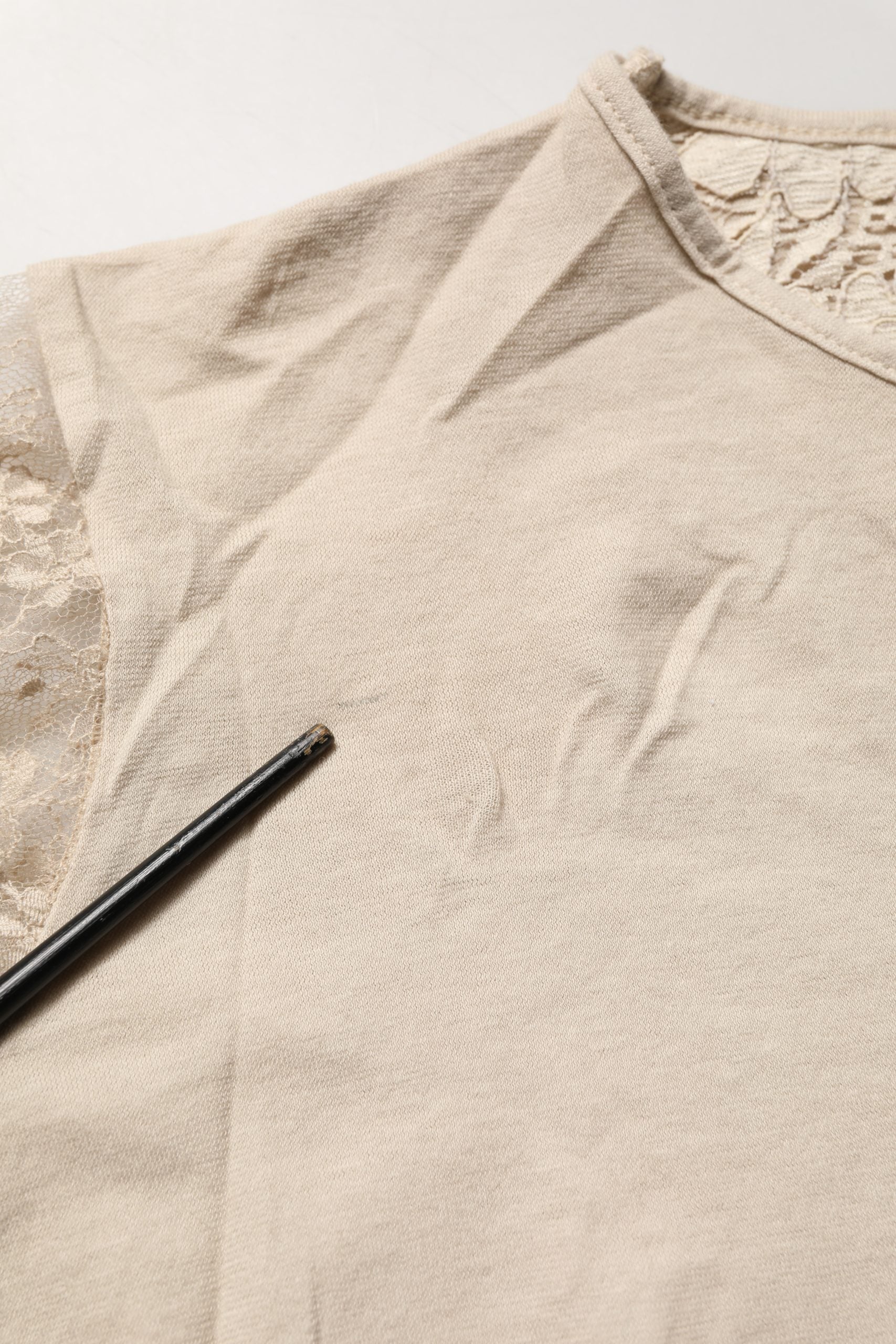 PINK MEMORIES Beige Cotton Lace Detailing Round Neck Top | Regal Royce