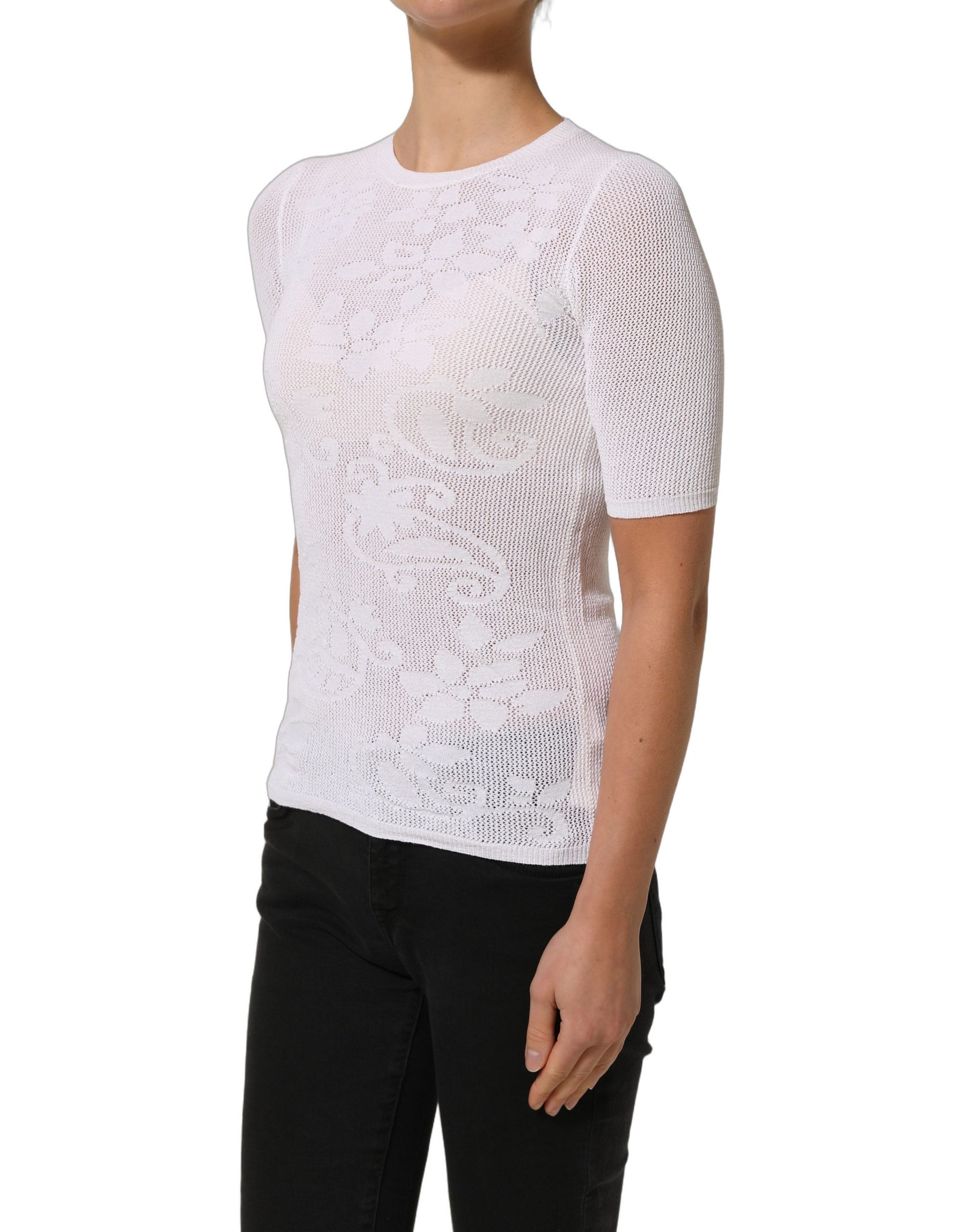 Alpha Studio White Floral Lace Knit Fabric Short Sleeves Blouse Top | Regal Royce