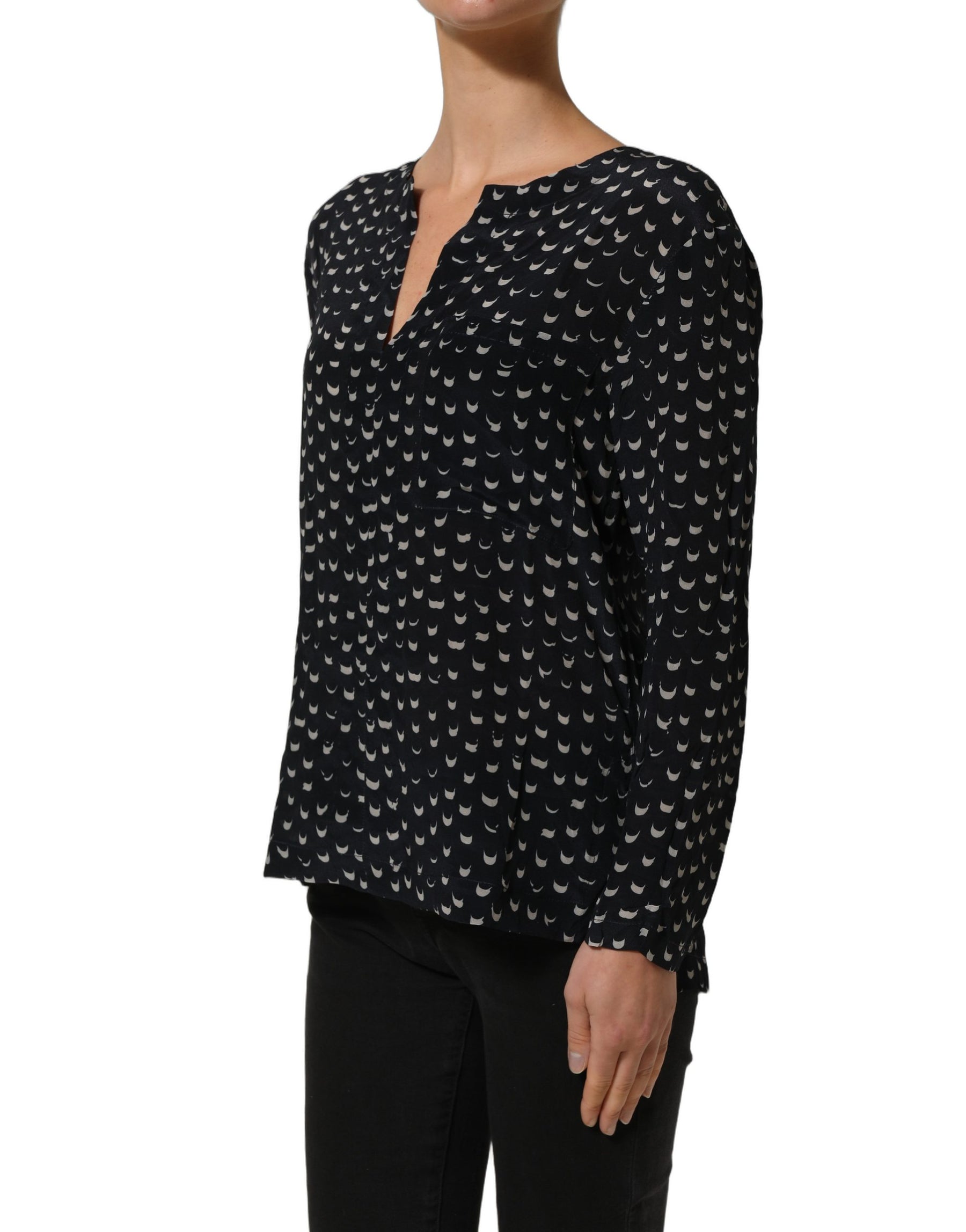 Bruno Manetti Black SIlk Long Sleeves Deep V-neck Blouse Top | Regal Royce