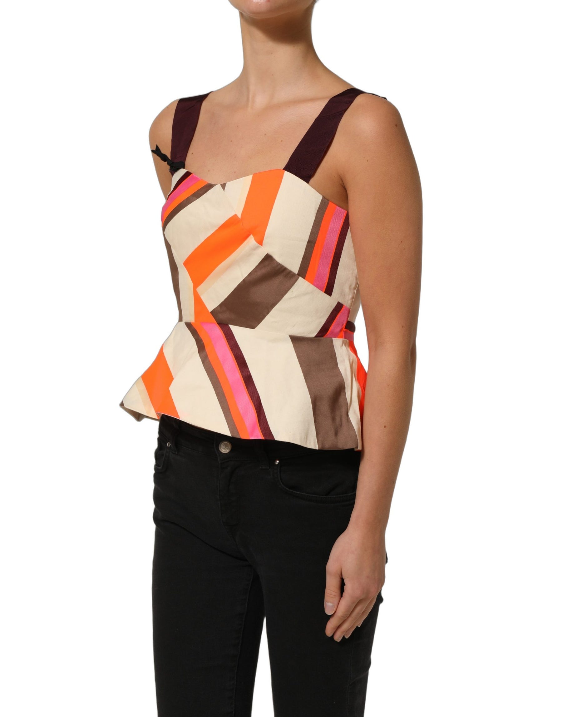 PINKO Multicolor Striped Cotton Sleeveless Draped Peplum Top | Regal Royce