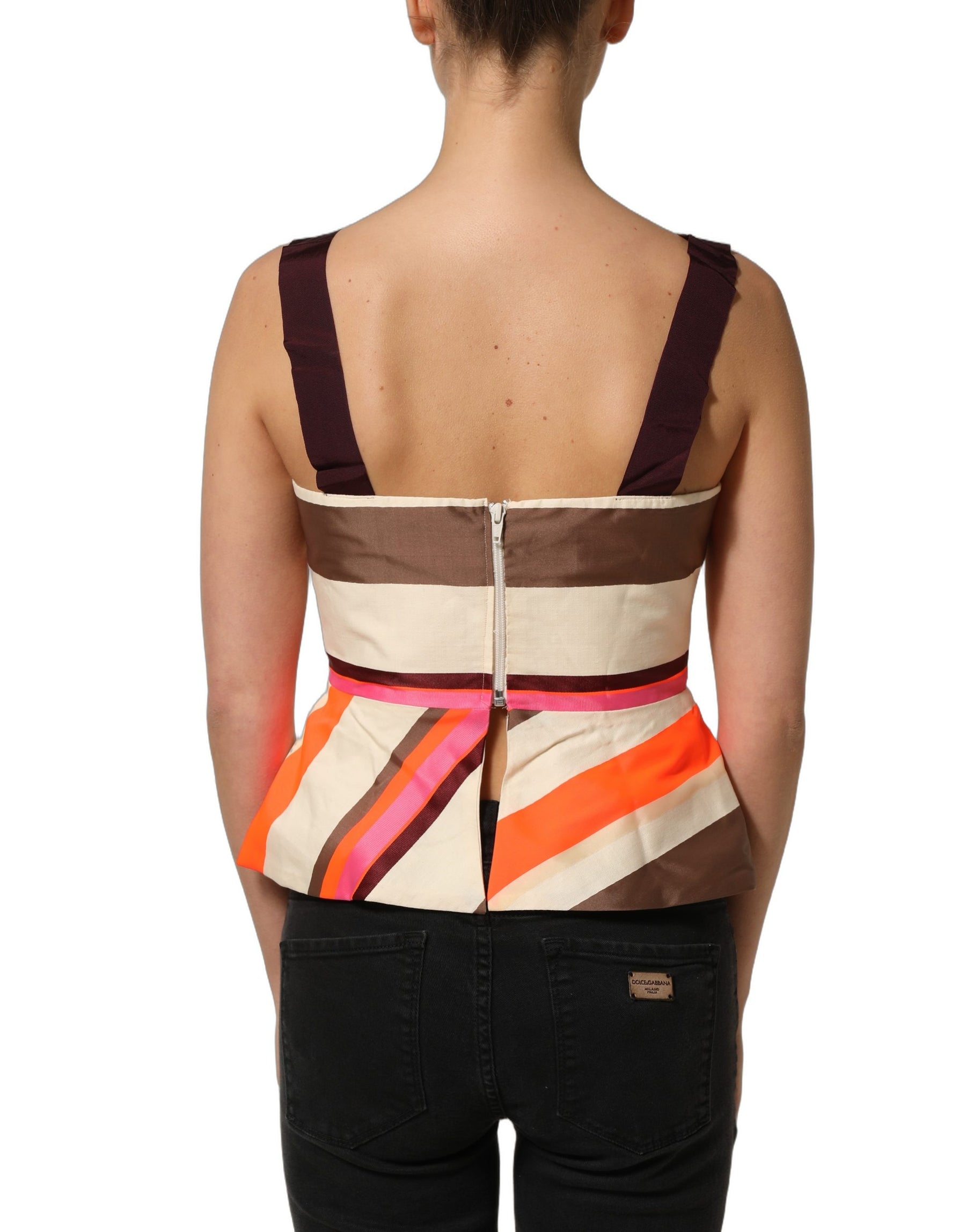 PINKO Multicolor Striped Cotton Sleeveless Draped Peplum Top | Regal Royce