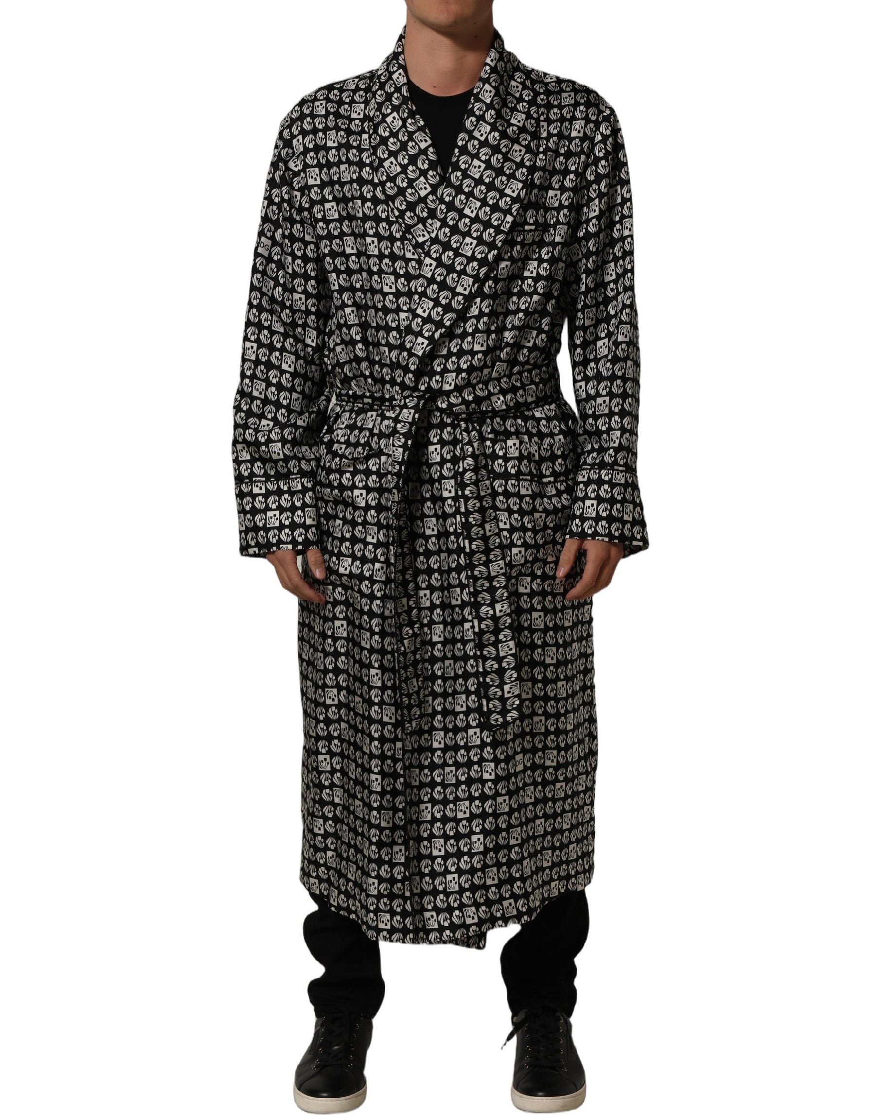 Dolce & Gabbana Black White Silk Men Wrap Robe Coat Jacket | Regal Royce