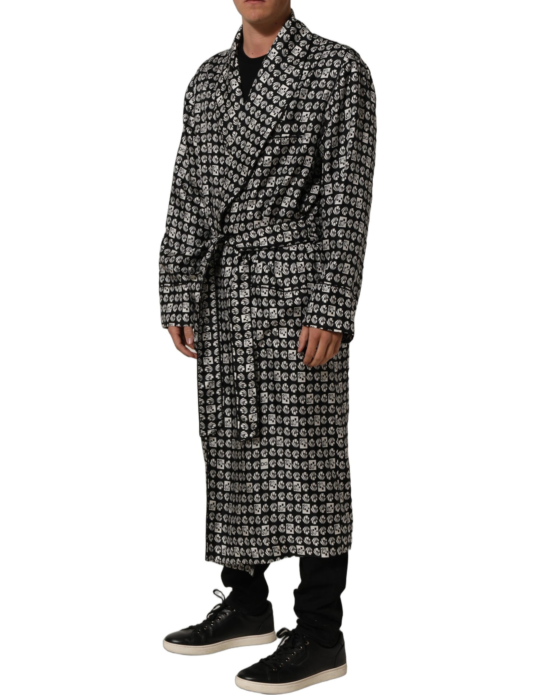 Dolce & Gabbana Black White Silk Men Wrap Robe Coat Jacket | Regal Royce