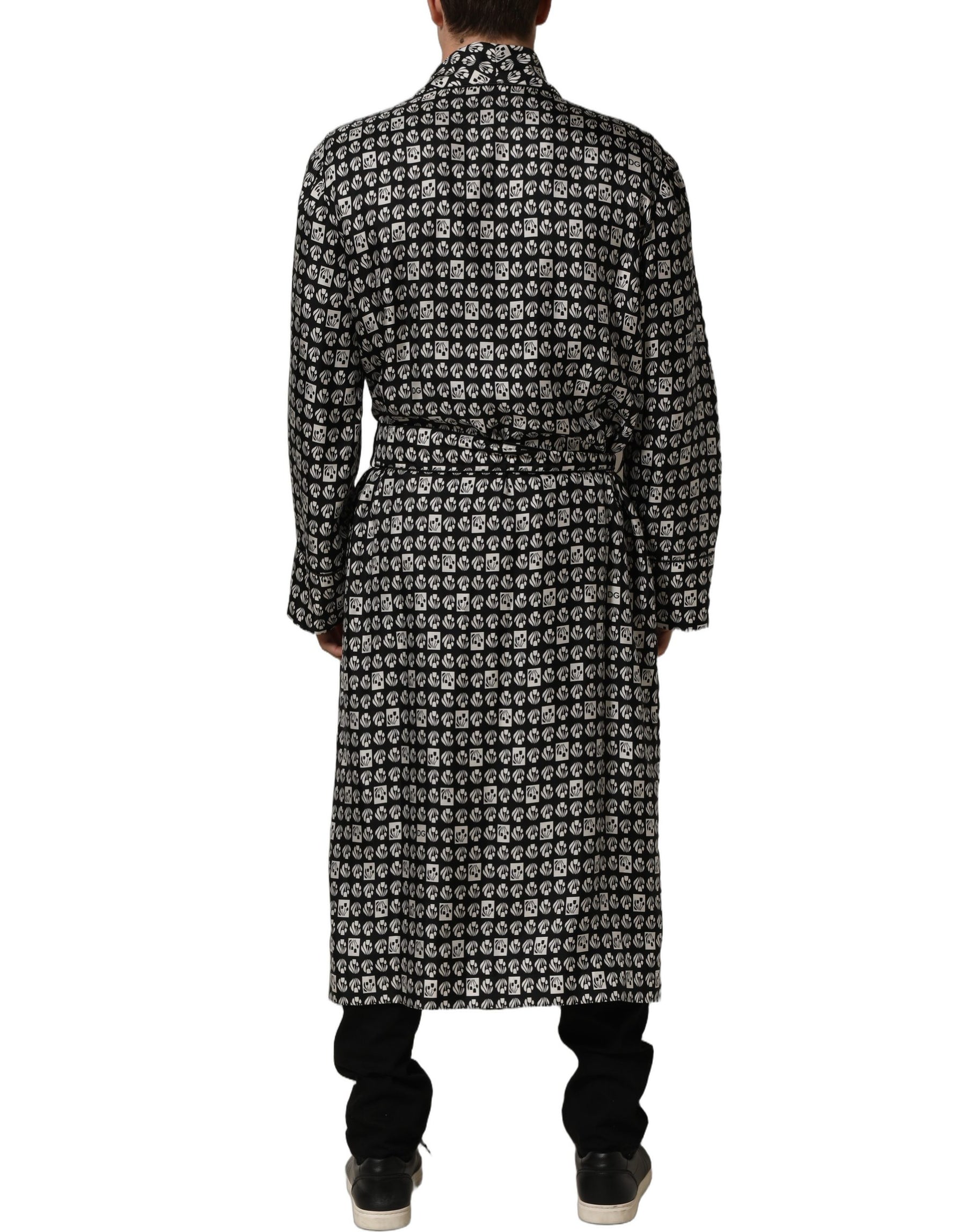 Dolce & Gabbana Black White Silk Men Wrap Robe Coat Jacket | Regal Royce