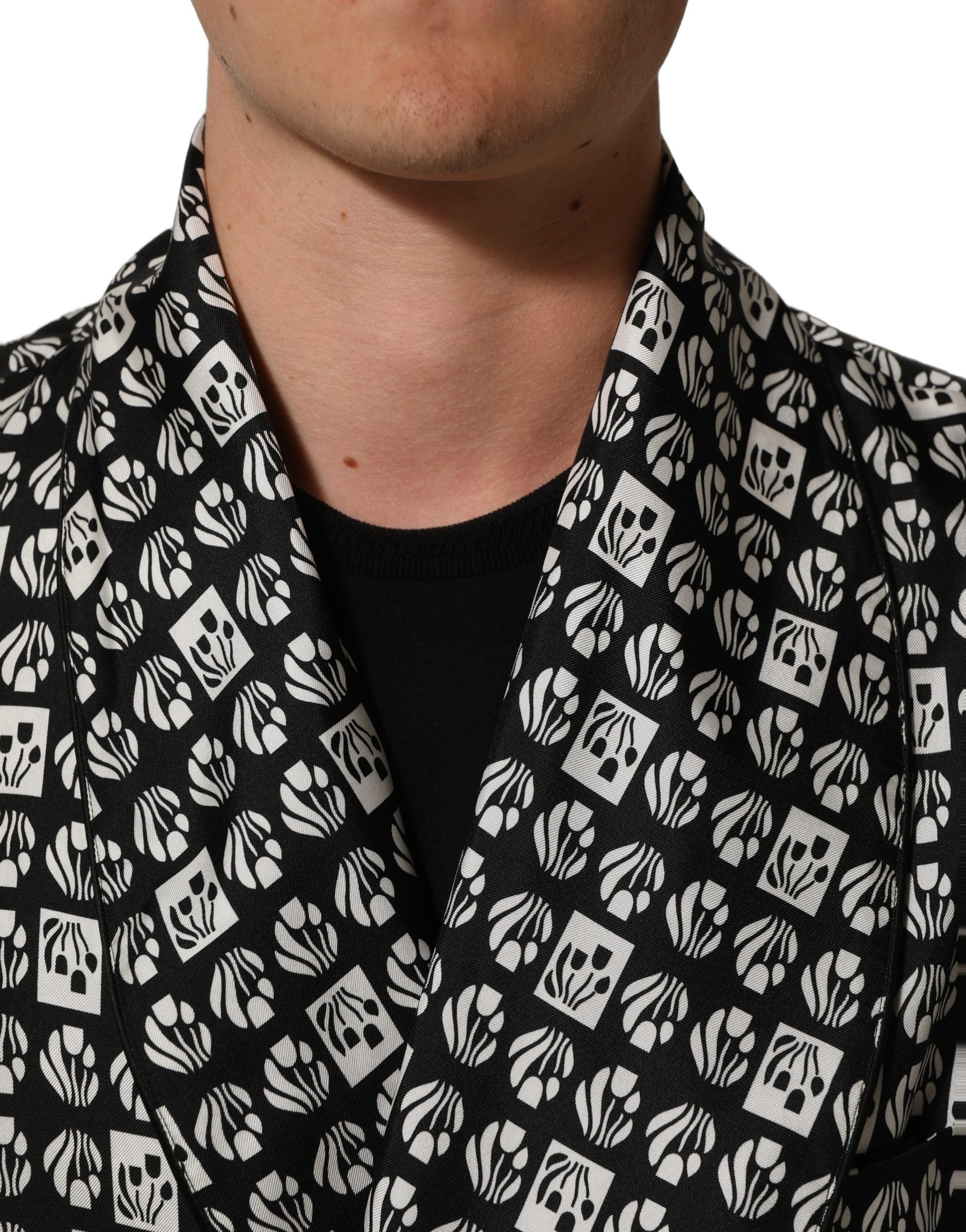 Dolce & Gabbana Black White Silk Men Wrap Robe Coat Jacket | Regal Royce