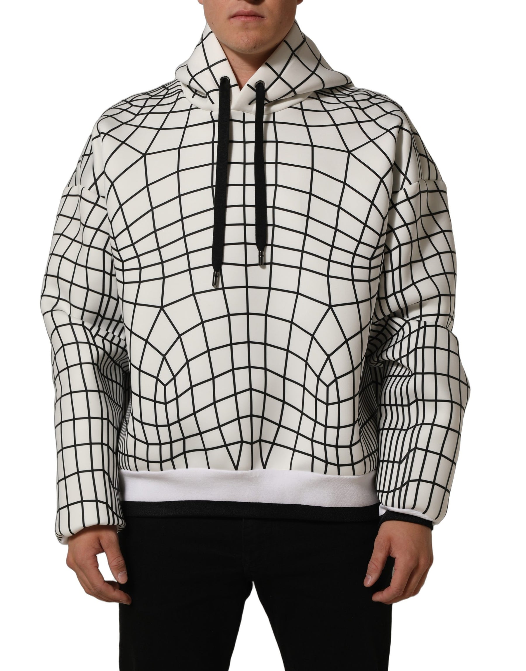 Dolce & Gabbana White Black WarpGrid Pattern Hoodie Sweater | Regal Royce