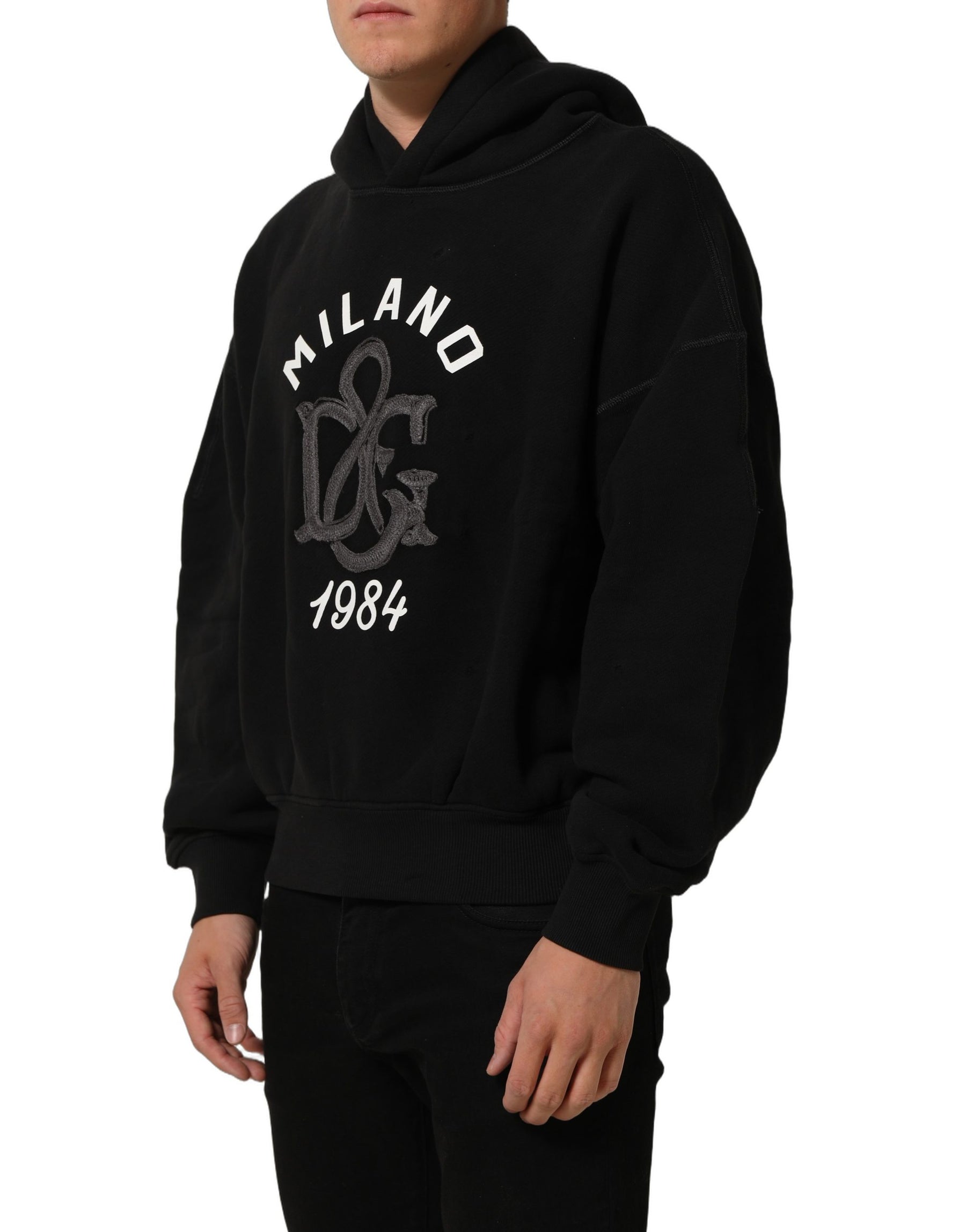 Dolce & Gabbana Black Cotton Milano1984 Print Hoodie Sweater | Regal Royce