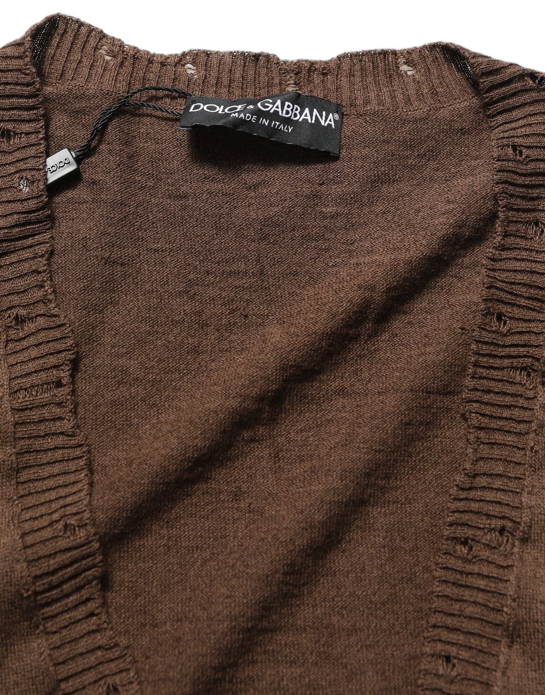 Dolce & Gabbana Brown Flax Buttoned V-neck Pullover Sweater | Regal Royce