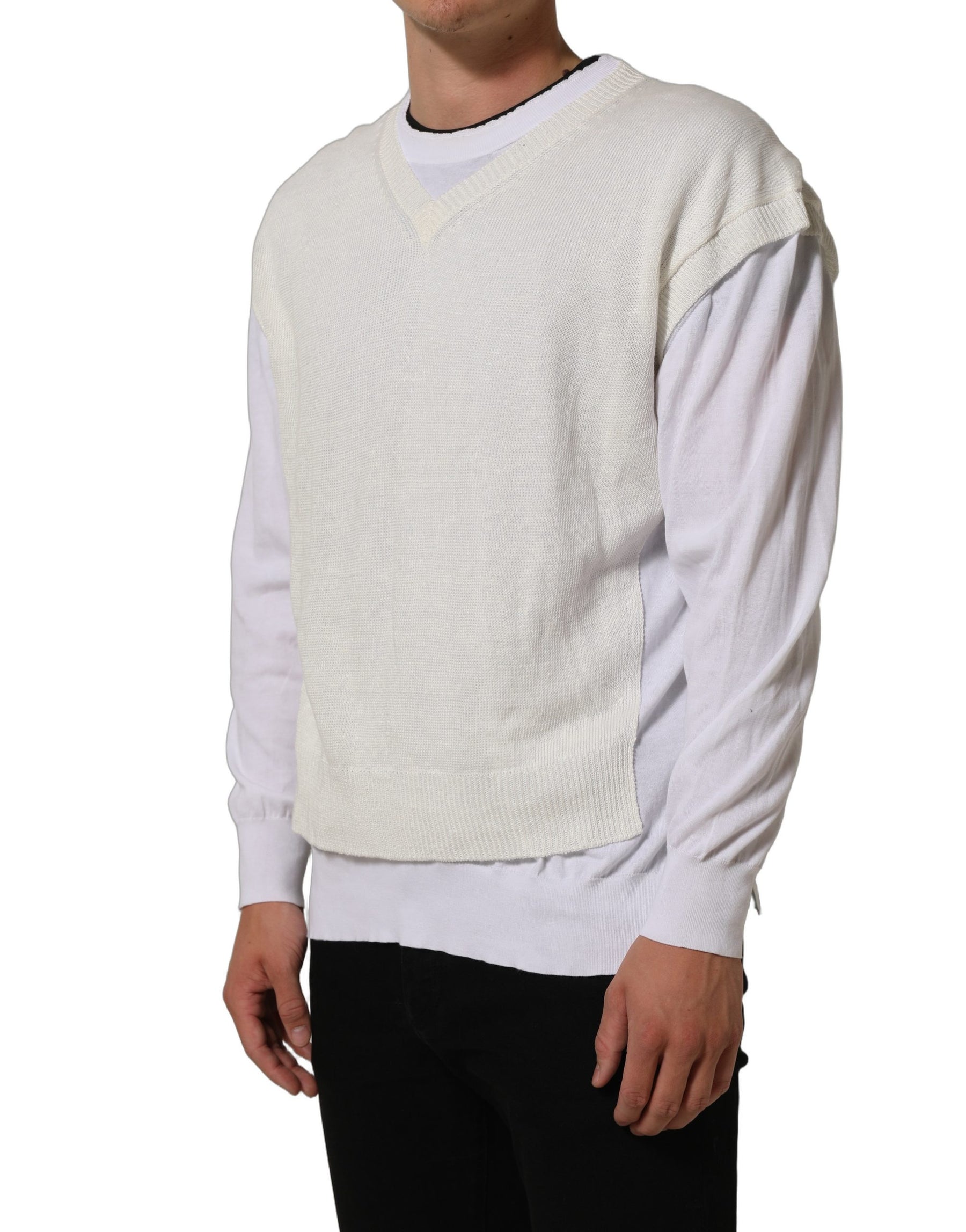 Dolce & Gabbana White Flax CrewNeck Layered Pullover Sweater | Regal Royce
