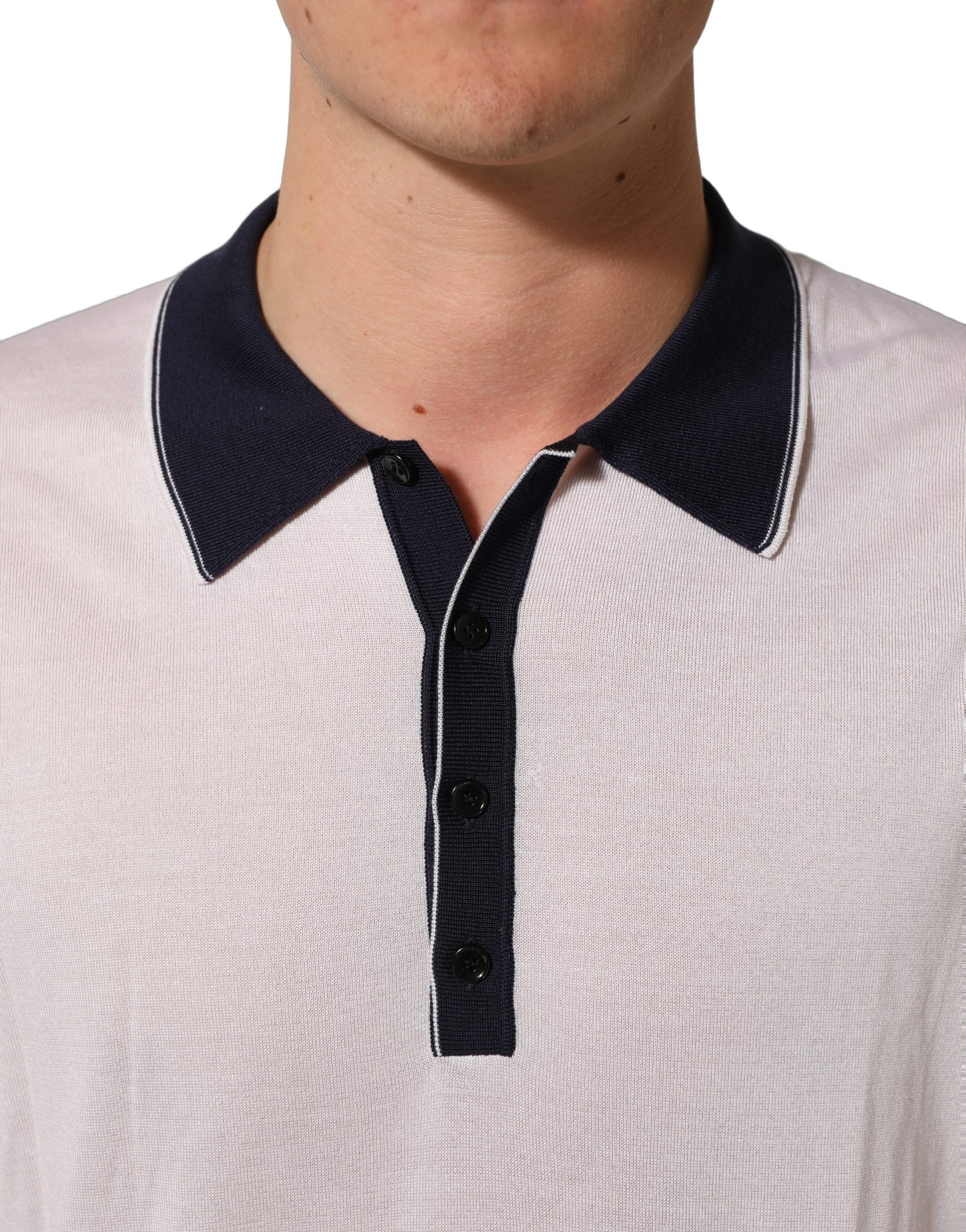 Dolce & Gabbana White Silk Collared Henley Pullover Sweater | Regal Royce