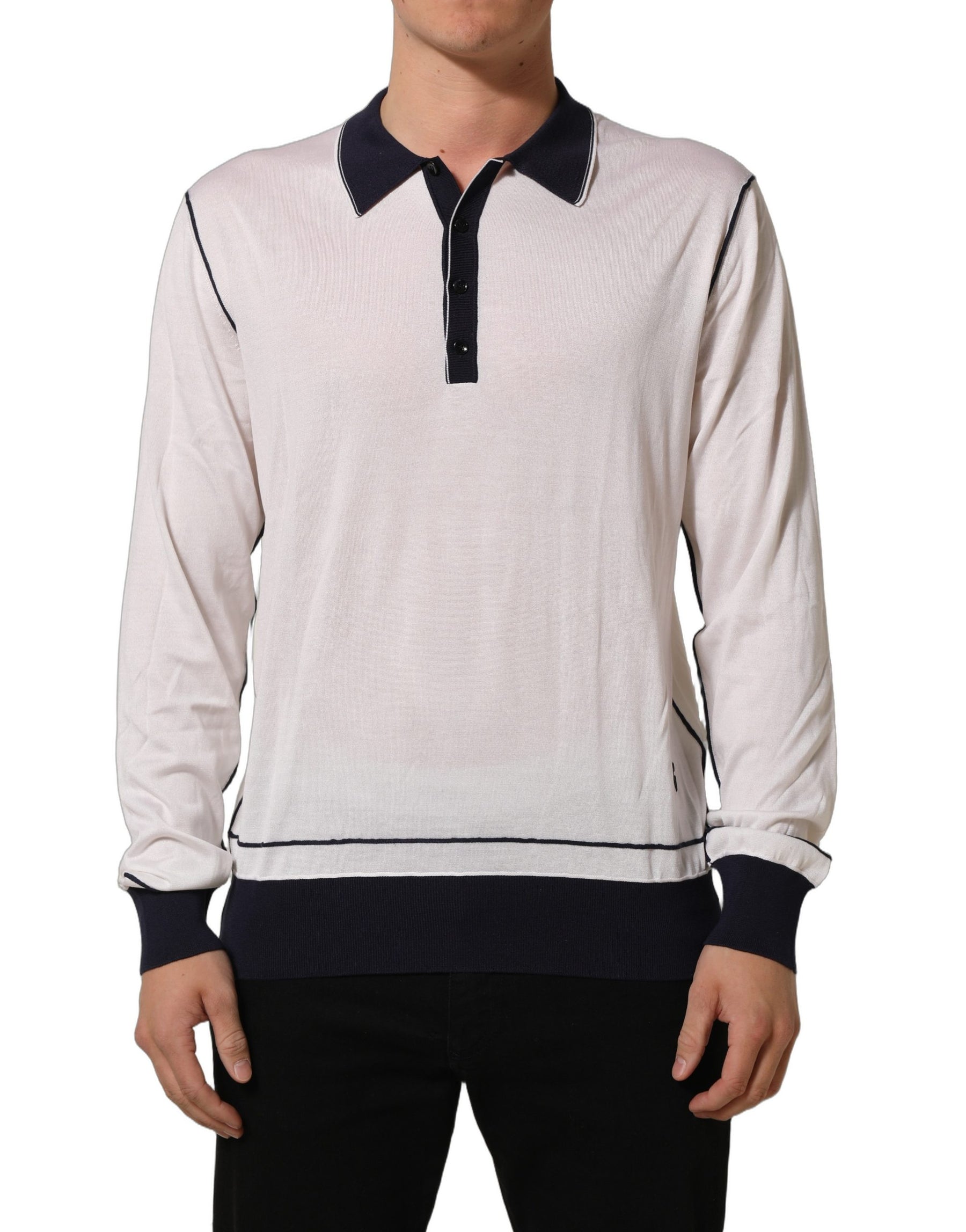 Dolce & Gabbana White Silk Collared Henley Pullover Sweater | Regal Royce