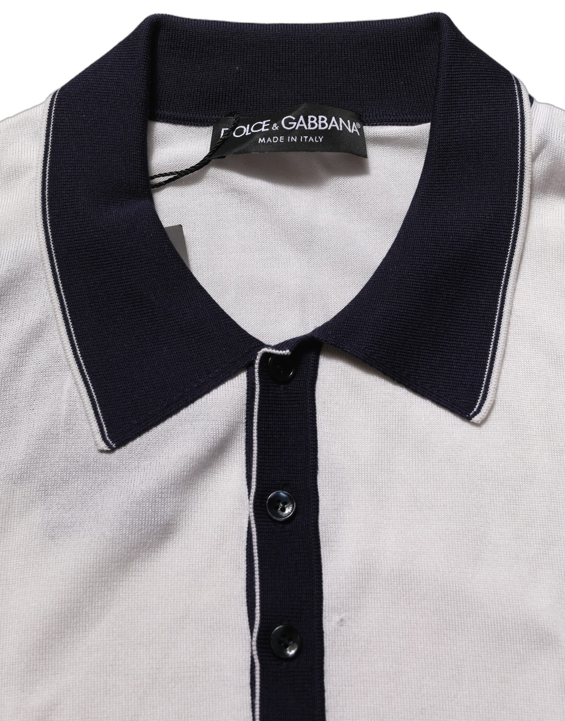 Dolce & Gabbana White Silk Collared Henley Pullover Sweater | Regal Royce