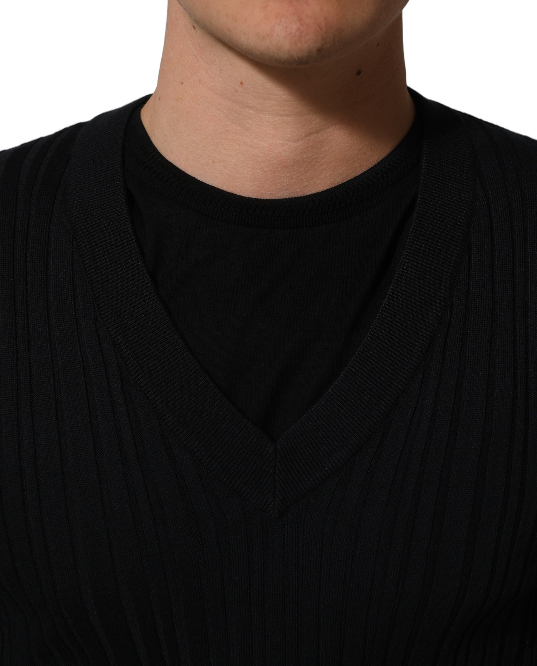 Dolce & Gabbana Black Silk Blend V-neck Pullover Men Sweater | Regal Royce