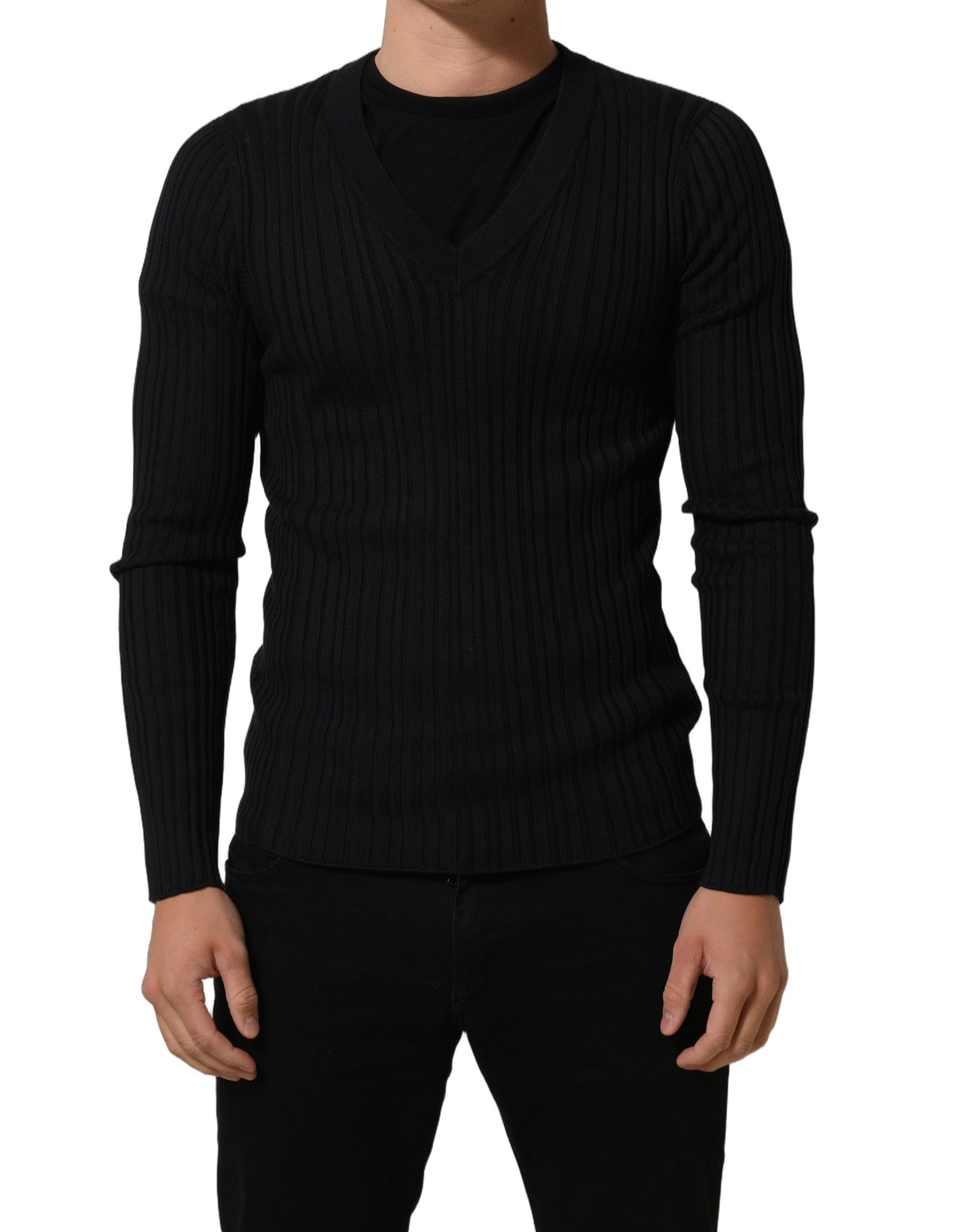 Dolce & Gabbana Black Silk Blend V-neck Pullover Men Sweater | Regal Royce