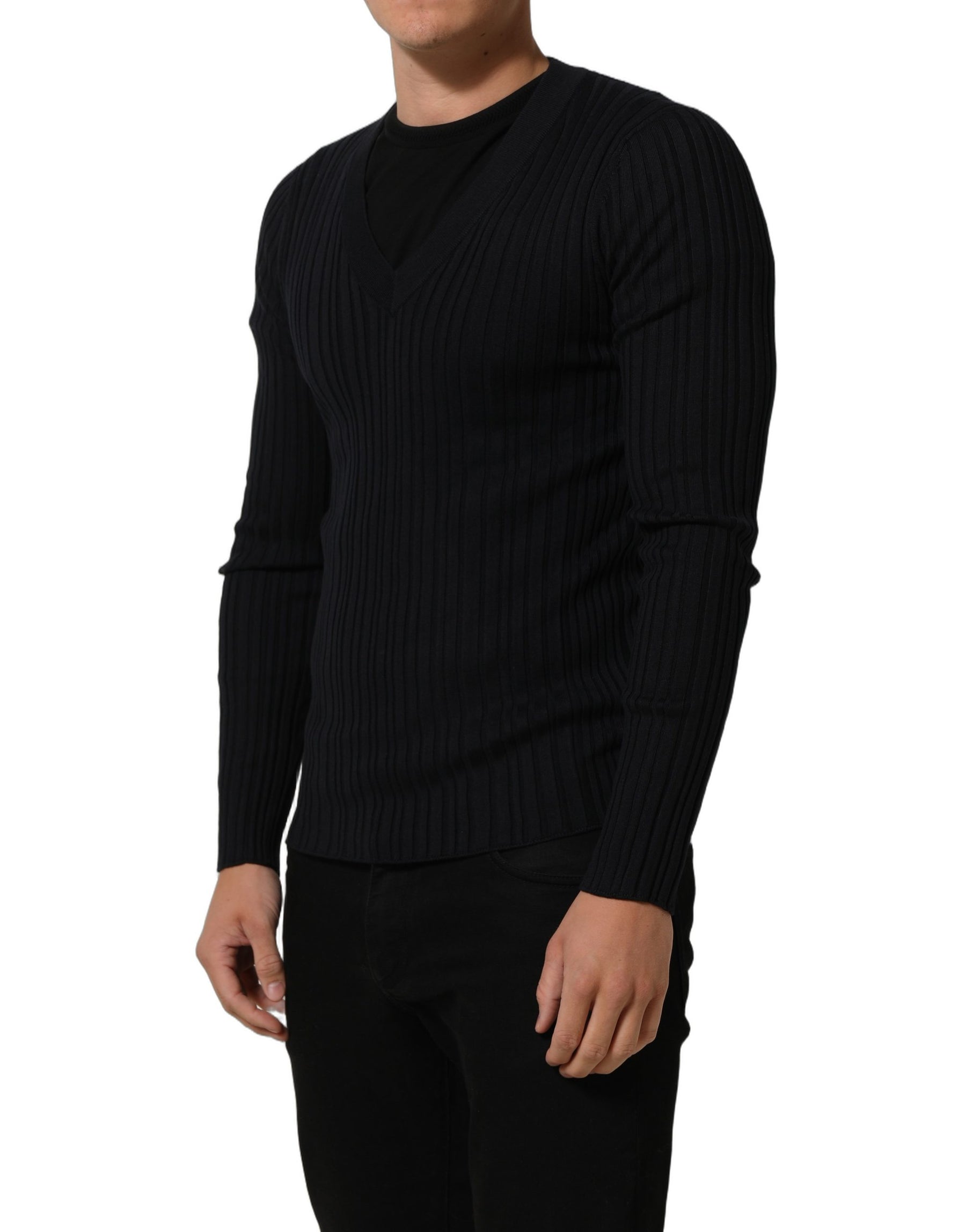 Dolce & Gabbana Black Silk Blend V-neck Pullover Men Sweater | Regal Royce