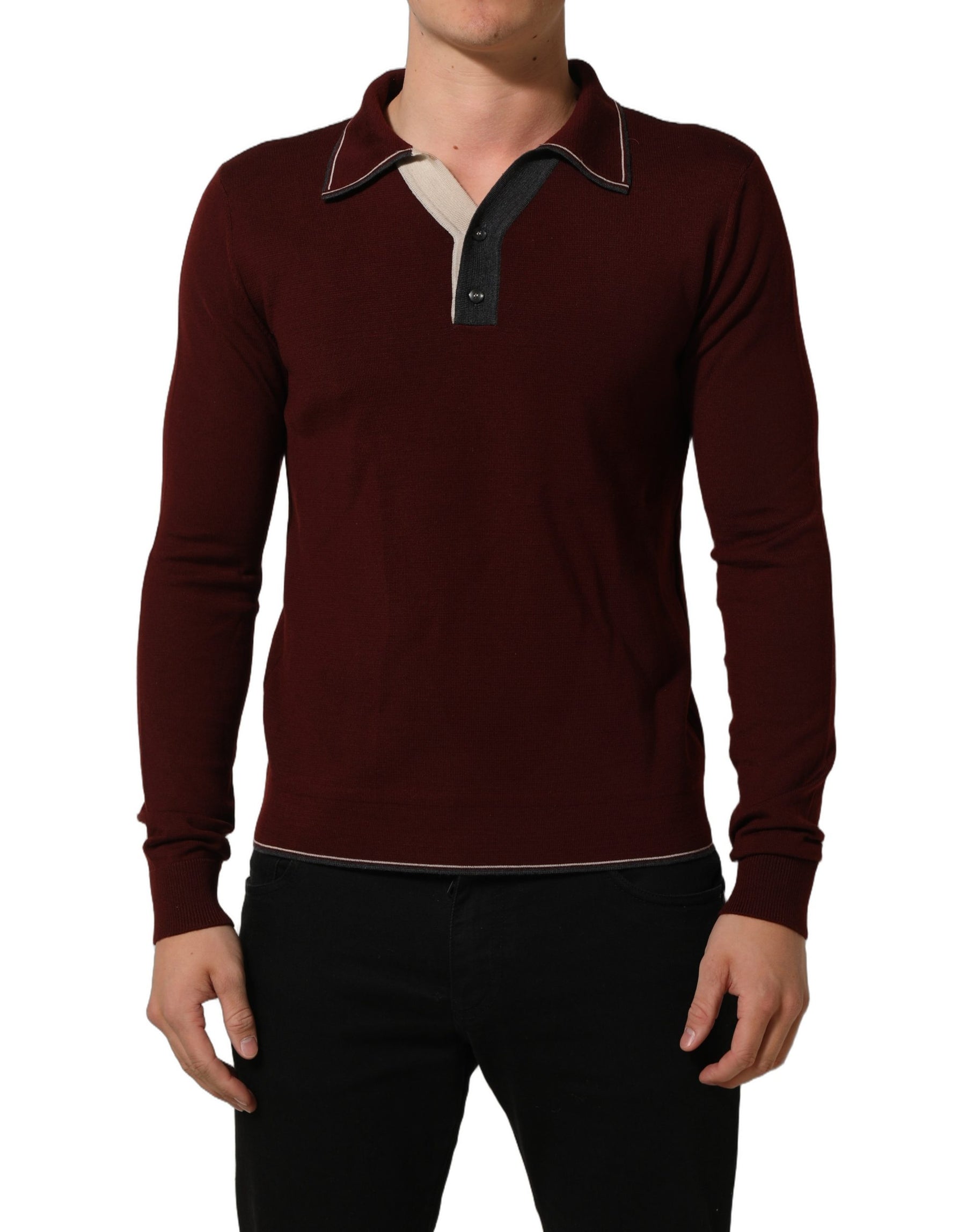 Dolce & Gabbana Burgundy Wool Knit Henley Pullover Sweater | Regal Royce