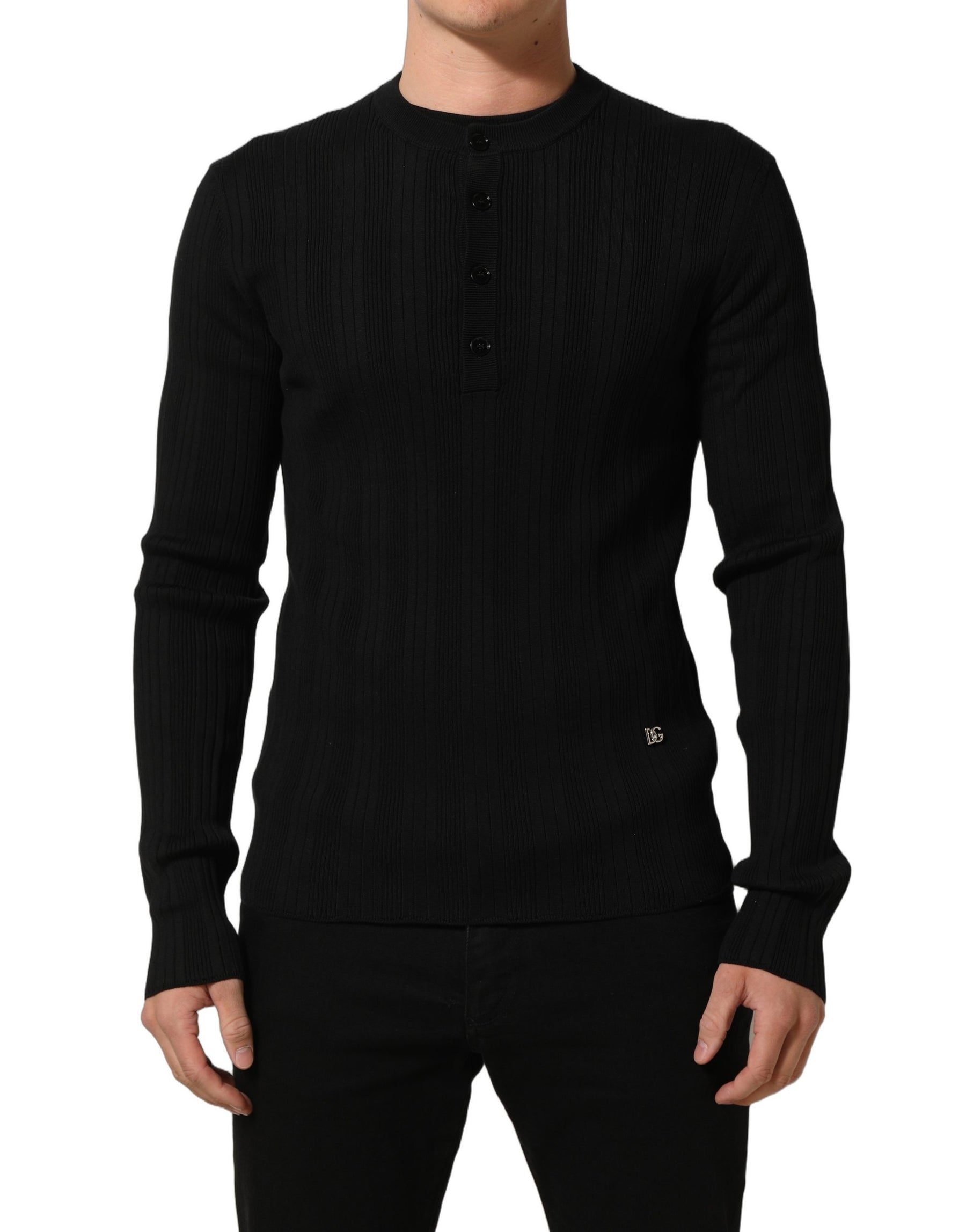 Dolce & Gabbana Black Silk Blend Henley Pullover Men Sweater | Regal Royce
