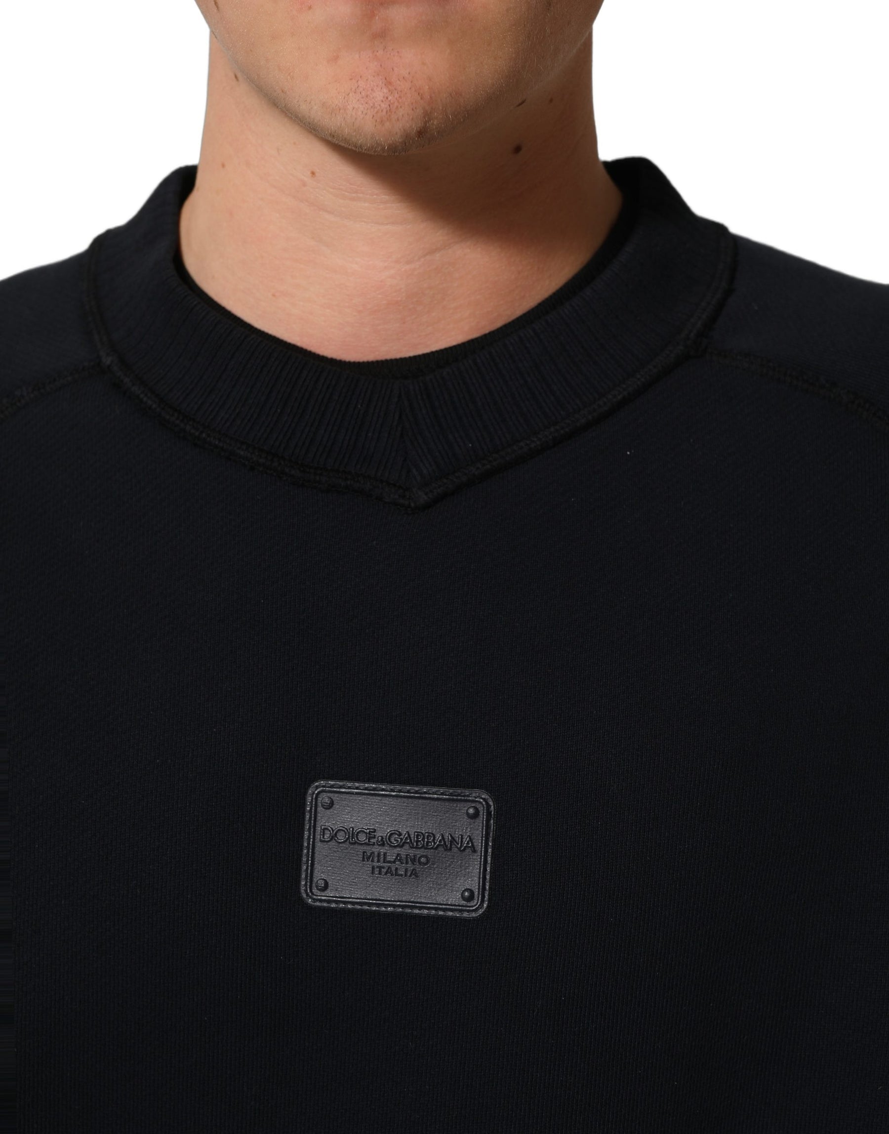 Dolce & Gabbana Black Logo Plaque Cotton Crew Neck Pullover Sweater | Regal Royce