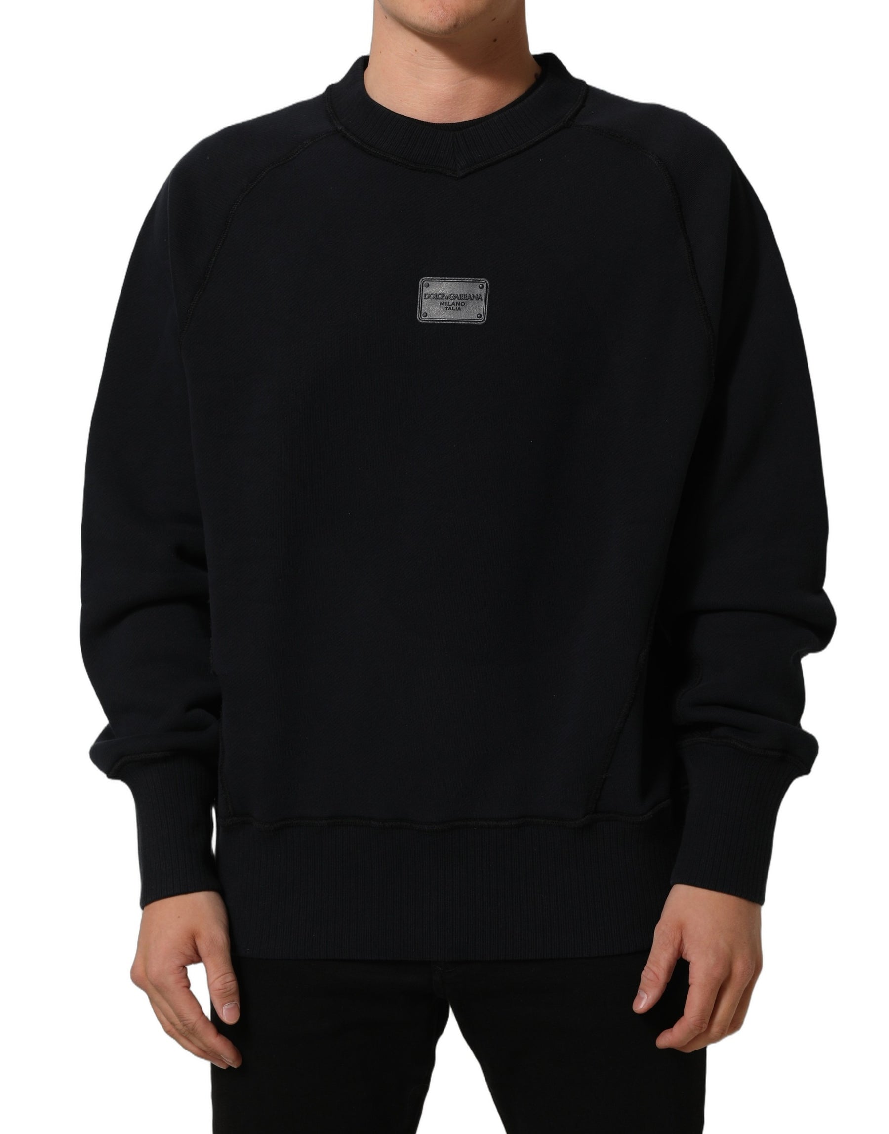 Dolce & Gabbana Black Logo Plaque Cotton Crew Neck Pullover Sweater | Regal Royce
