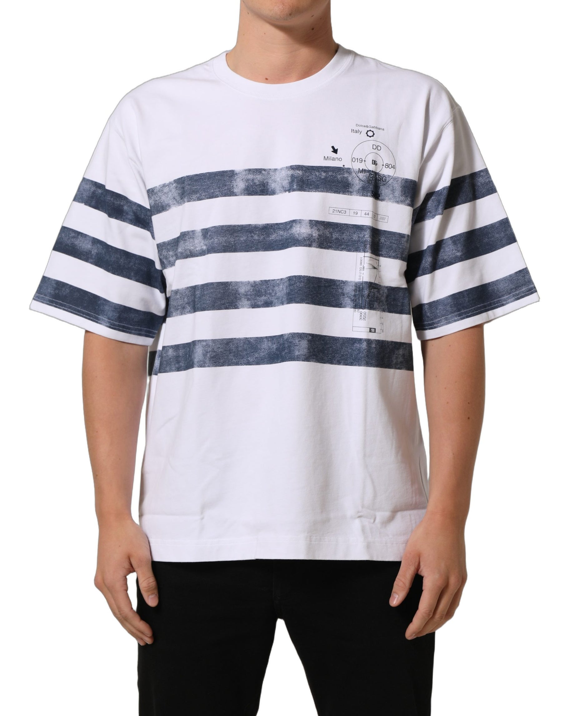 Dolce & Gabbana White Blue Stripe Cotton Short Sleeve T-shirt | Regal Royce