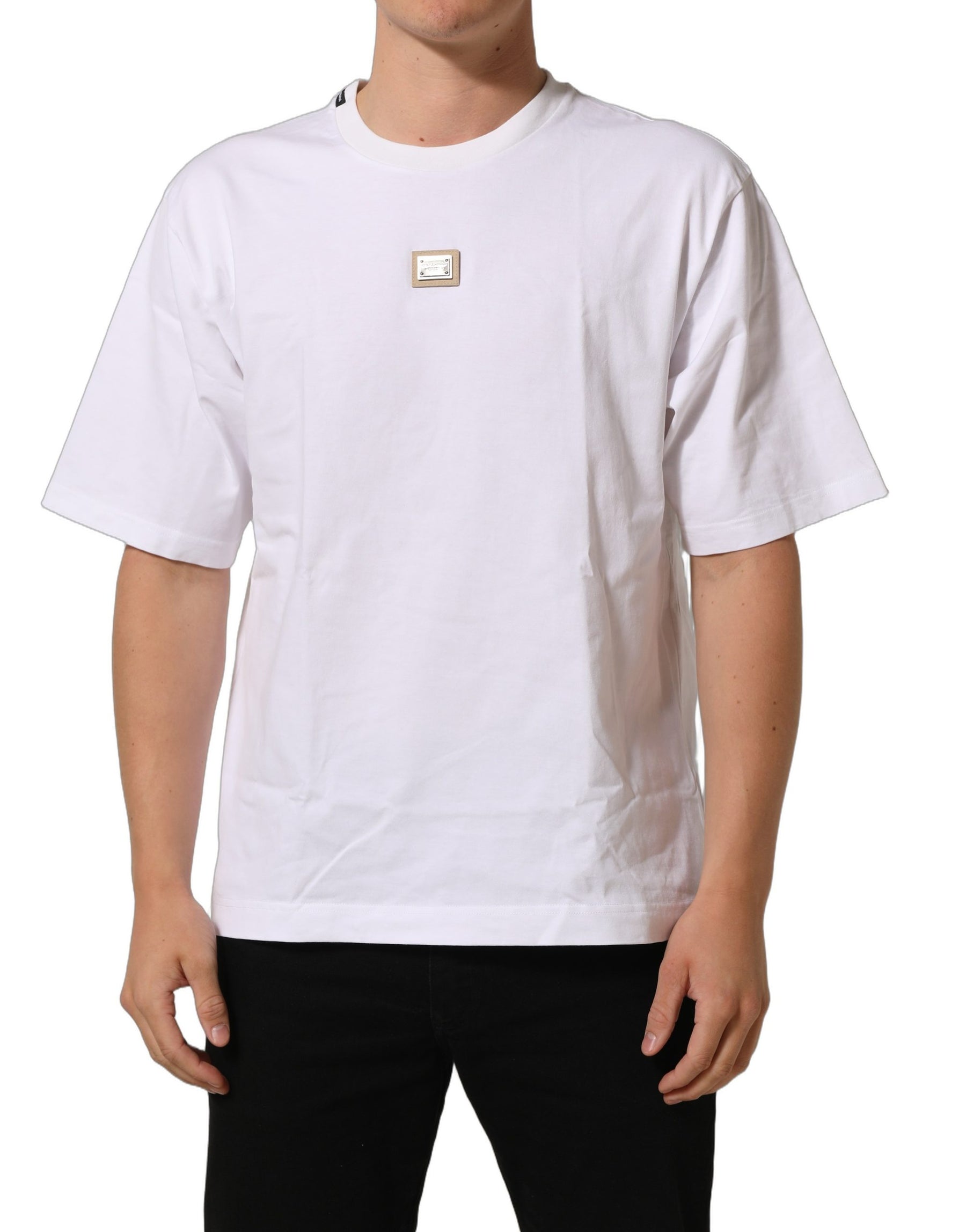 Dolce & Gabbana White Cotton Logo Plaque Crew Neck T-shirt | Regal Royce
