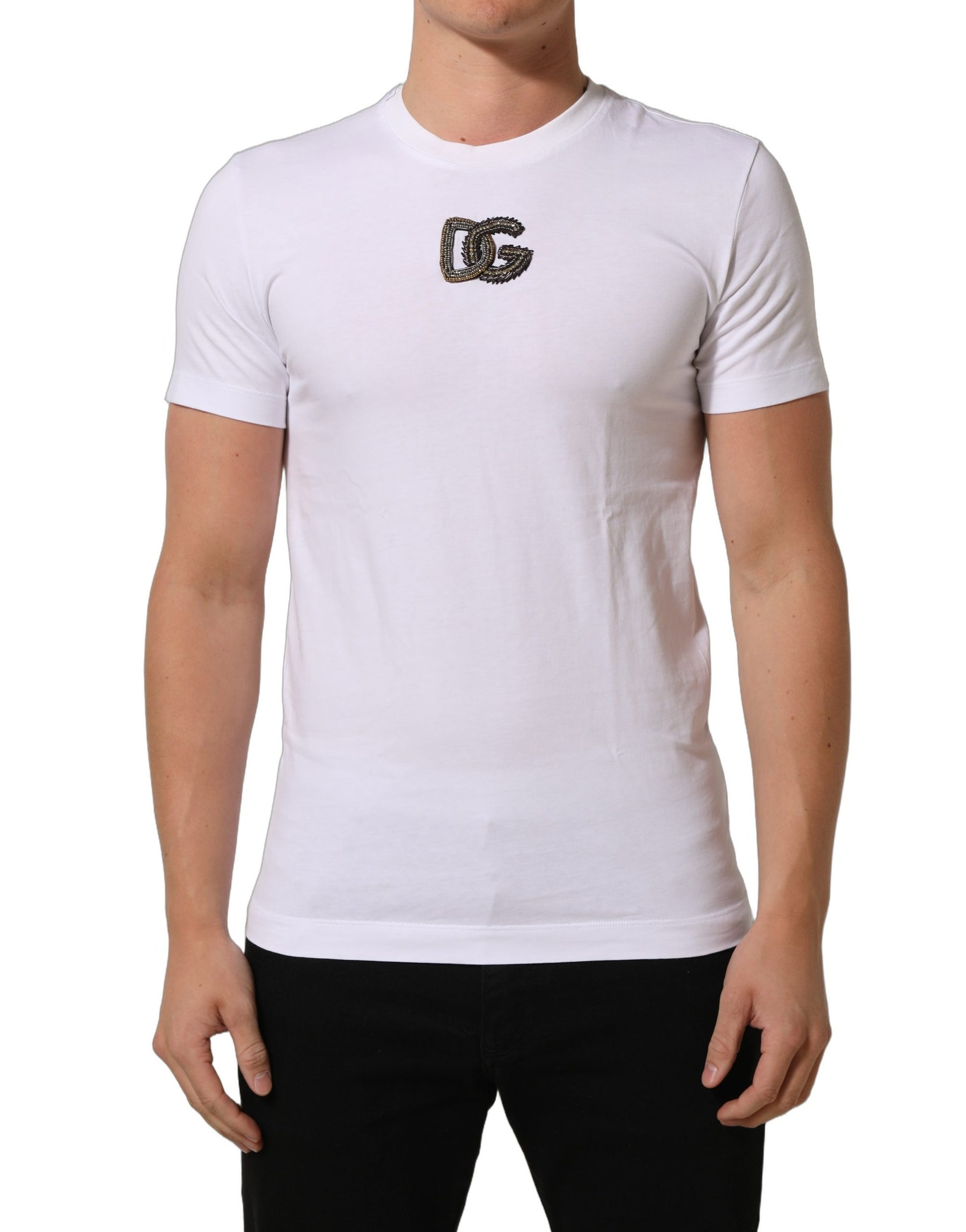 Dolce & Gabbana White DG Logo Cotton Crew Neck Men T-shirt | Regal Royce