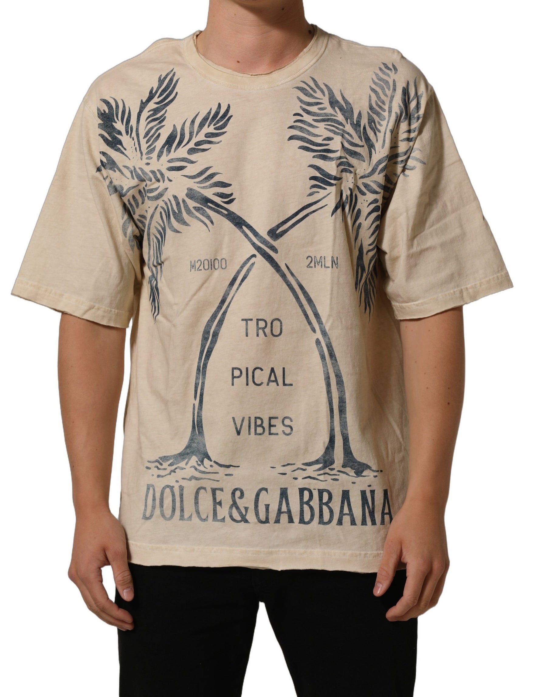 Dolce & Gabbana Beige Cotton Graphic Print Crew Neck  T-shirt | Regal Royce