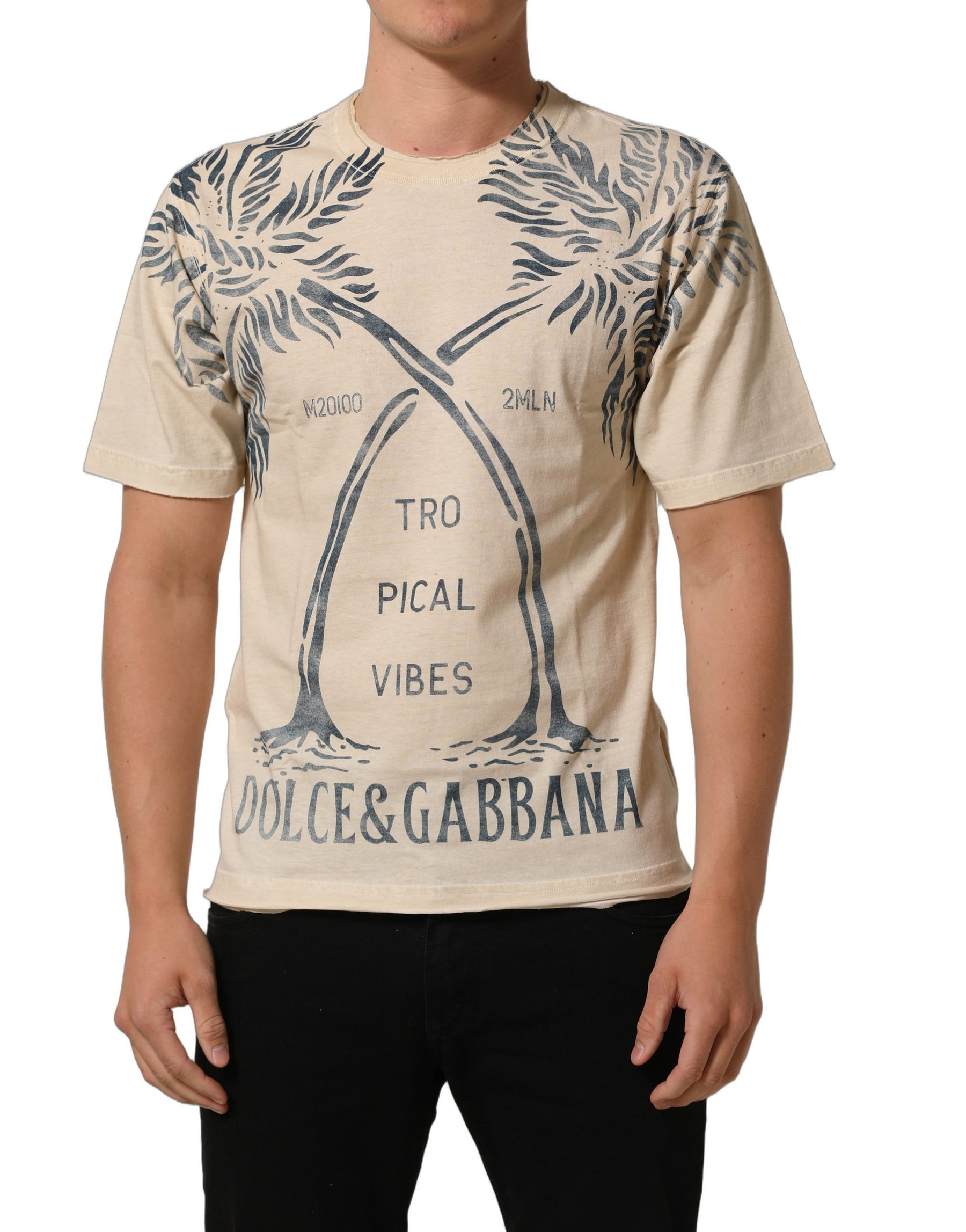 Dolce & Gabbana Beige Cotton Graphic Print Crew Neck T-shirt | Regal Royce