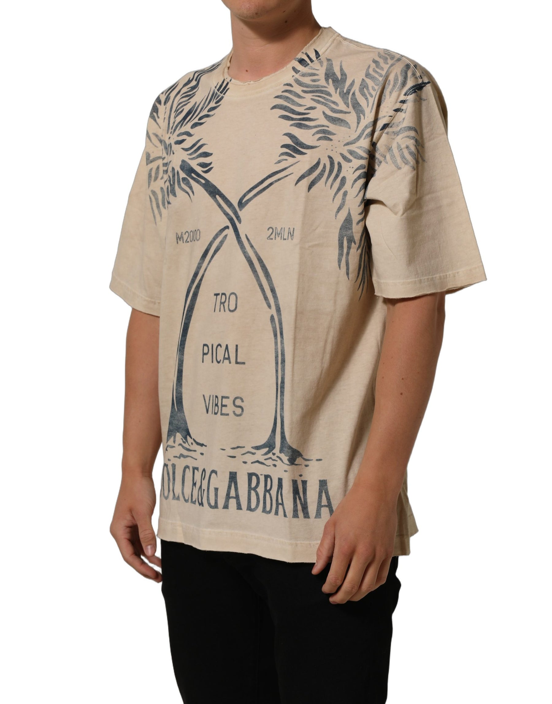 Dolce & Gabbana Beige Cotton Graphic Print Crew Neck T-shirt | Regal Royce