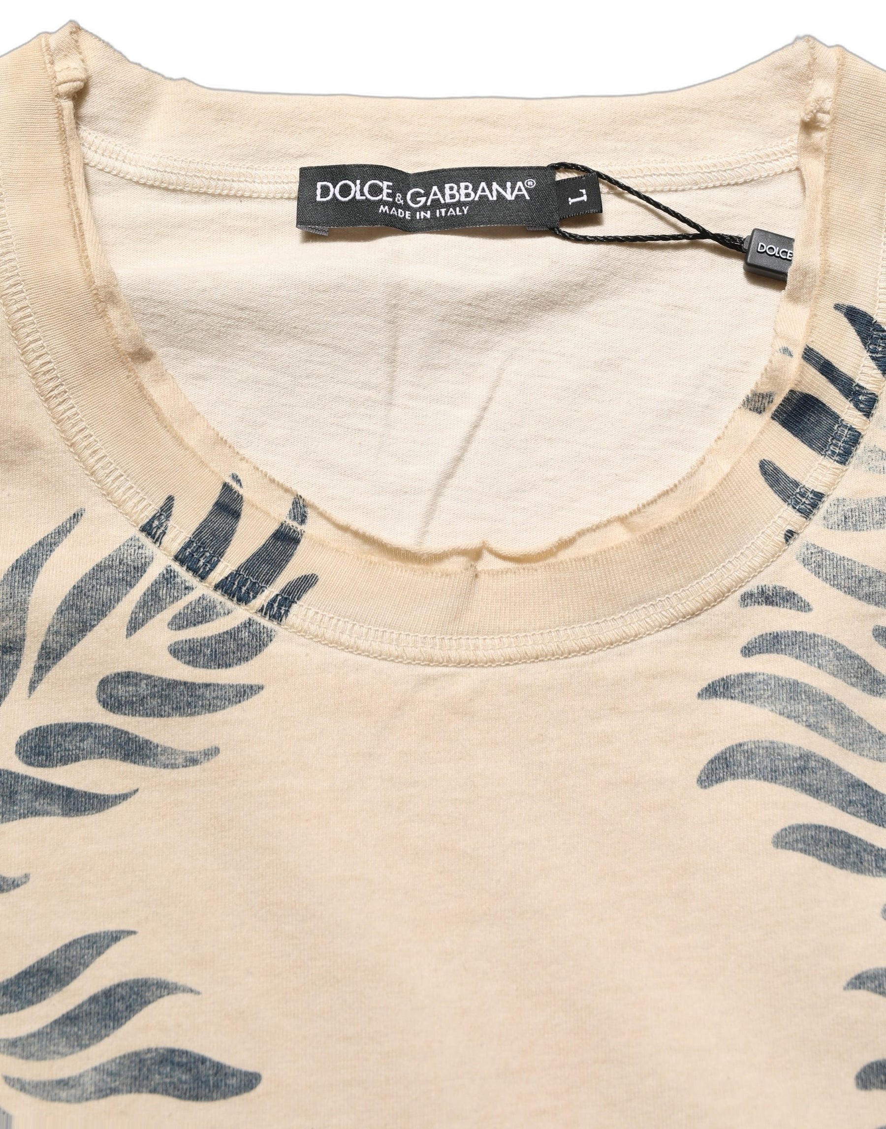 Dolce & Gabbana Beige Cotton Graphic Print Crew Neck T-shirt | Regal Royce