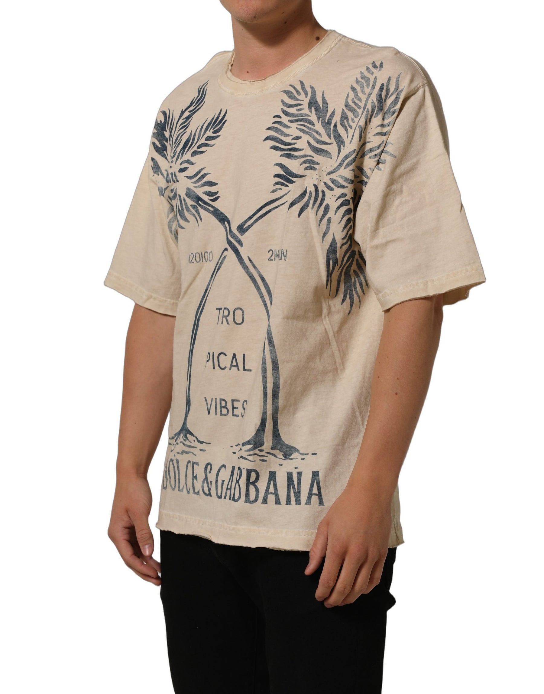 Dolce & Gabbana Beige Cotton Graphic Print Crew Neck T-shirt | Regal Royce