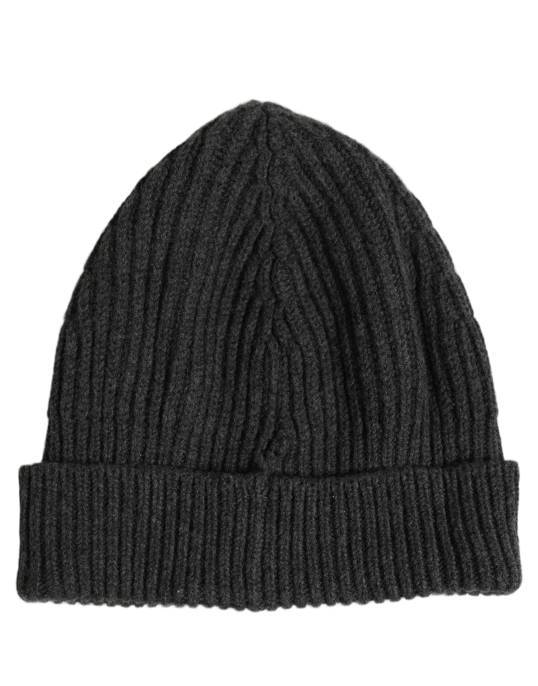 Dolce & Gabbana Men Charcoal Grey Ribbed Wool Knit Beanie One Size Hat | Regal Royce