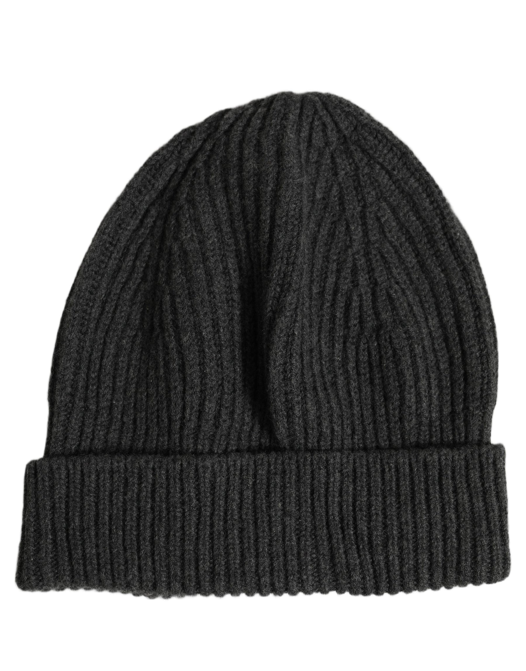 Dolce & Gabbana Men Charcoal Grey Ribbed Wool Knit Beanie One Size Hat | Regal Royce