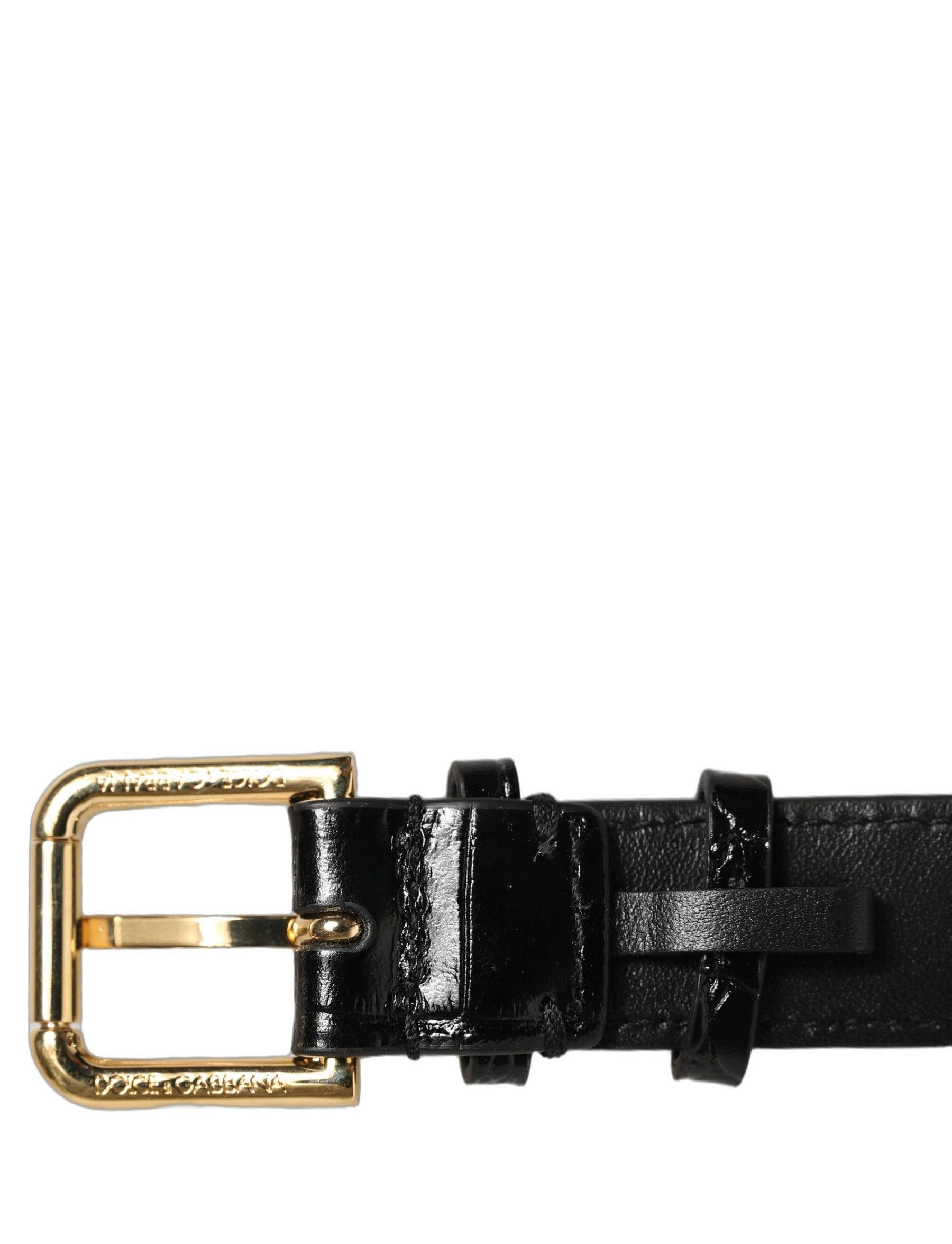 Dolce & Gabbana Black Textured Leather Gold Buckle Belt Strap Bracelet | Regal Royce