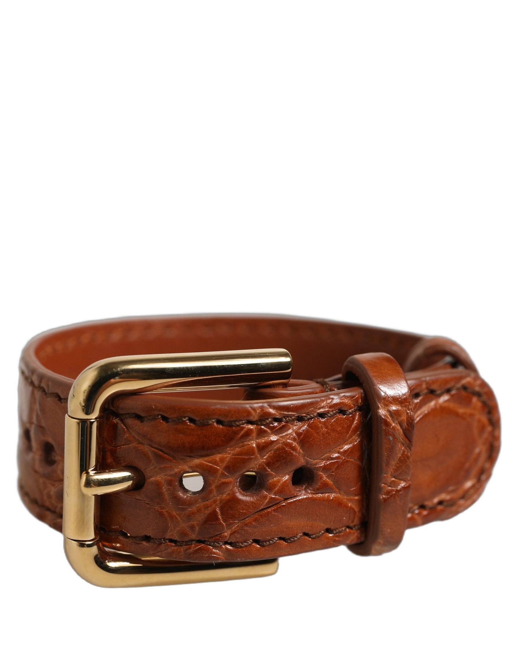 Dolce & Gabbana Brown Textured Leather Gold Buckle Belt Strap Bracelet | Regal Royce