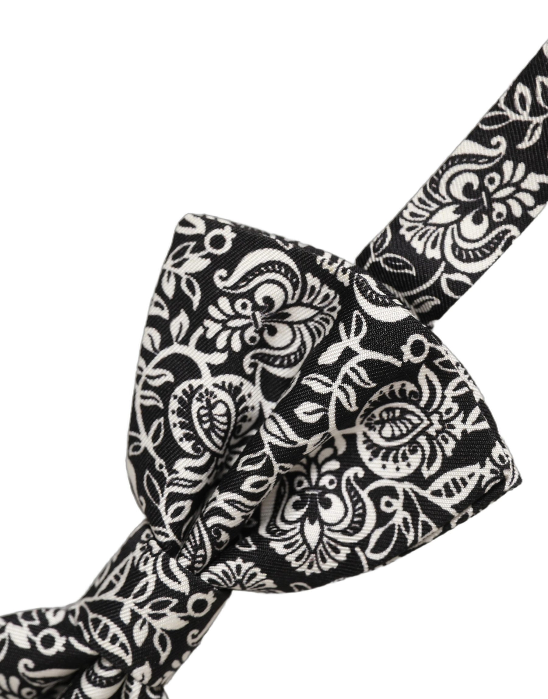 Dolce & Gabbana Tie Black White Paisley Silk Adjustable Neck Papillon Bow | Regal Royce