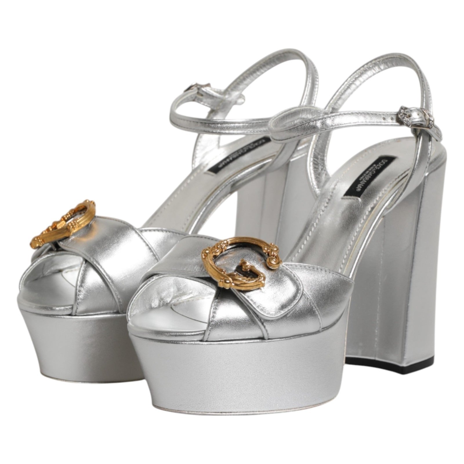Dolce & Gabbana Silver Logo Ankle Strap Heels Sandals Shoes | Regal Royce