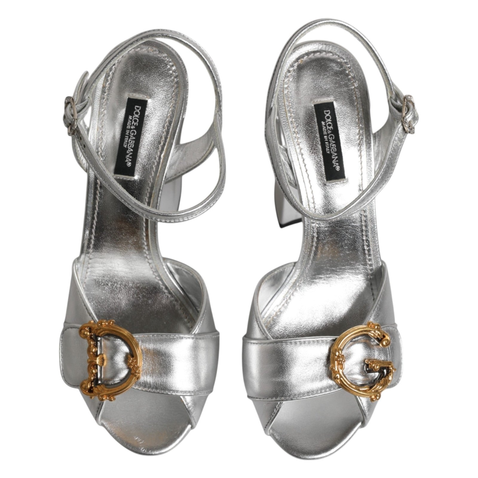 Dolce & Gabbana Silver Logo Ankle Strap Heels Sandals Shoes | Regal Royce