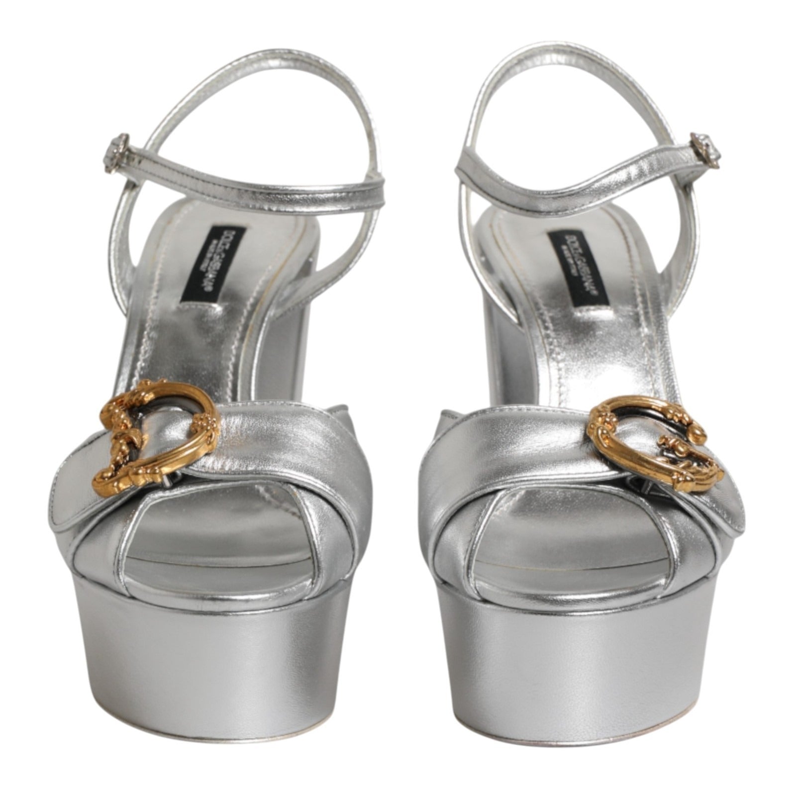 Dolce & Gabbana Silver Logo Ankle Strap Heels Sandals Shoes | Regal Royce