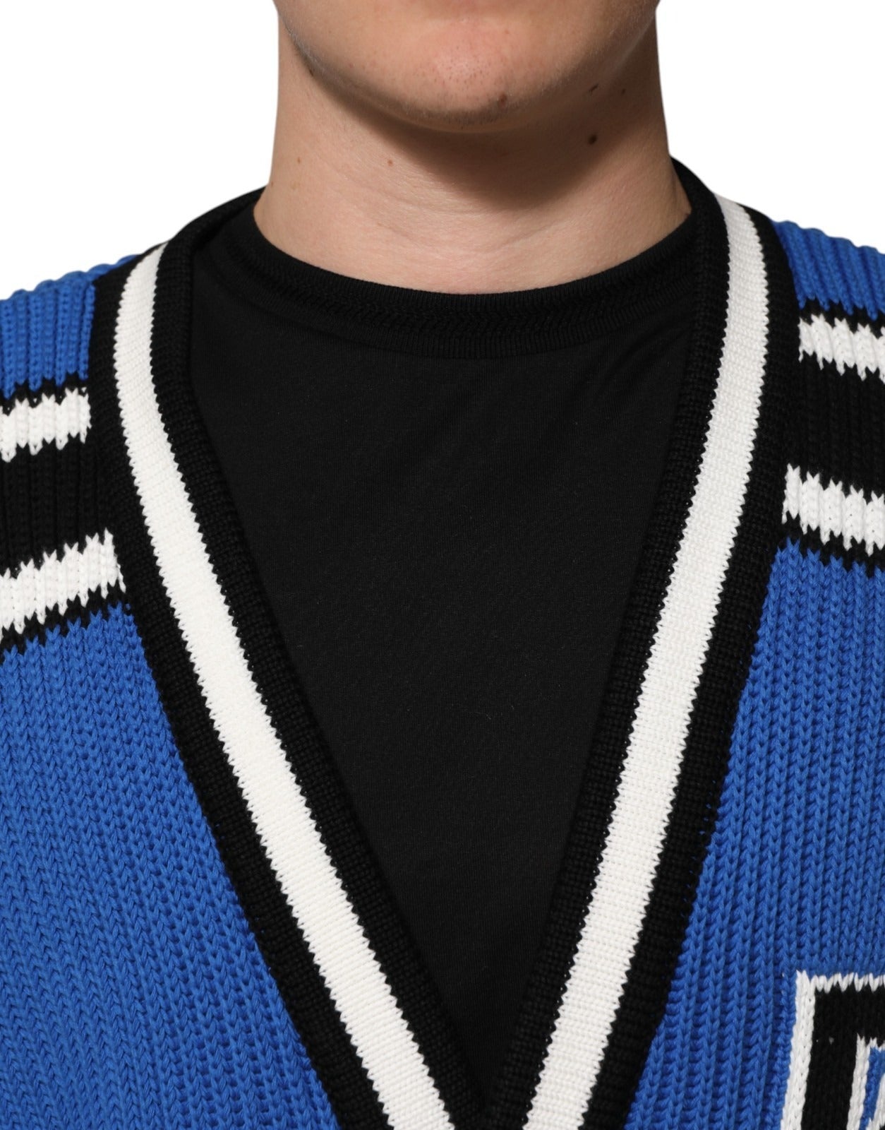 Dolce & Gabbana Blue Cotton Logo Patch Ribbed Knit Cardigan Sweater | Regal Royce